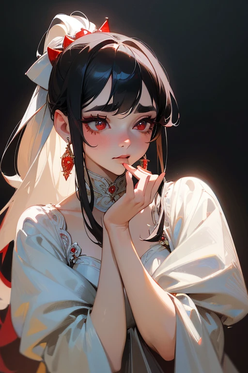 (highest quality, masterpiece:1.2), High resolution, Very detailed, Realistic:1.37, Fantasy, An illustration, Red Eyes、Queen, White Dress.Platinum decoration、beautifully、Eyeshadow Red、Thick eyebrows、Long eyelashes、pupils are black、Hair is white、Kissing Face、Embarrassed、Loved、ponytail、
