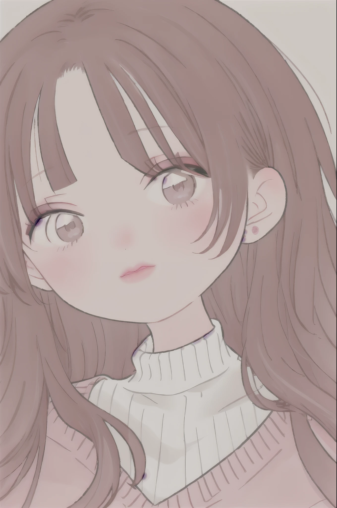 Girl, long brown hair, gray eyes, sharp features, white skin, pink lips, sweater