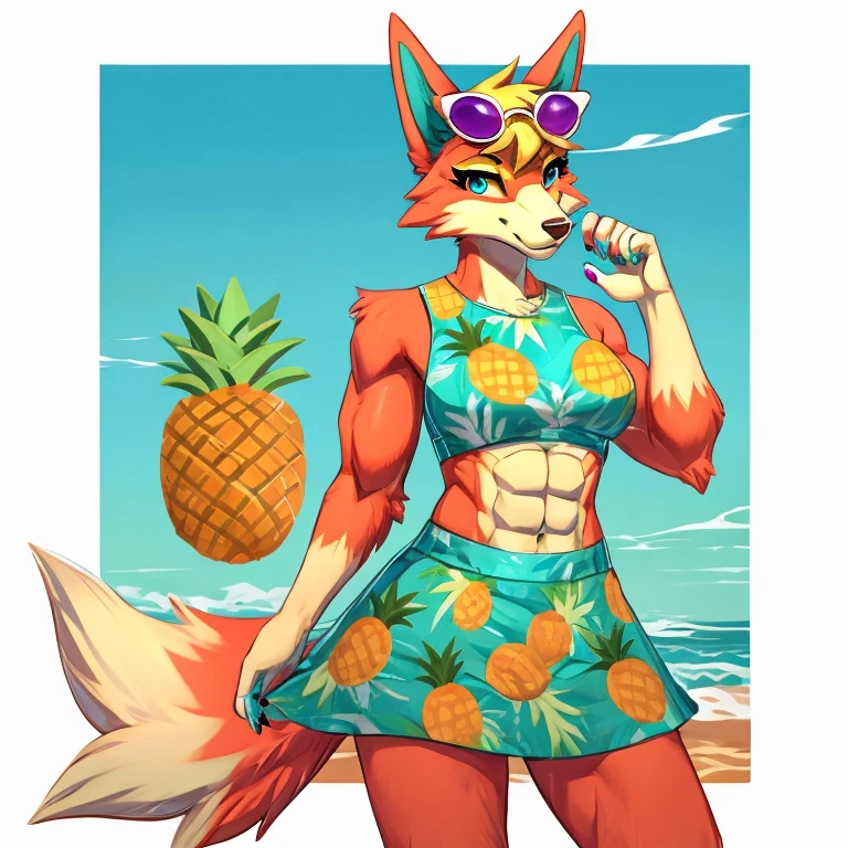 a digital artwork of audie with abs wearing a crop top of her sleeveless turquoise and pineapple printed muumuu dress with turquoise and pineapple printed skirt, a bare midriff and a bare navel, she has sunglasses on her forehead 