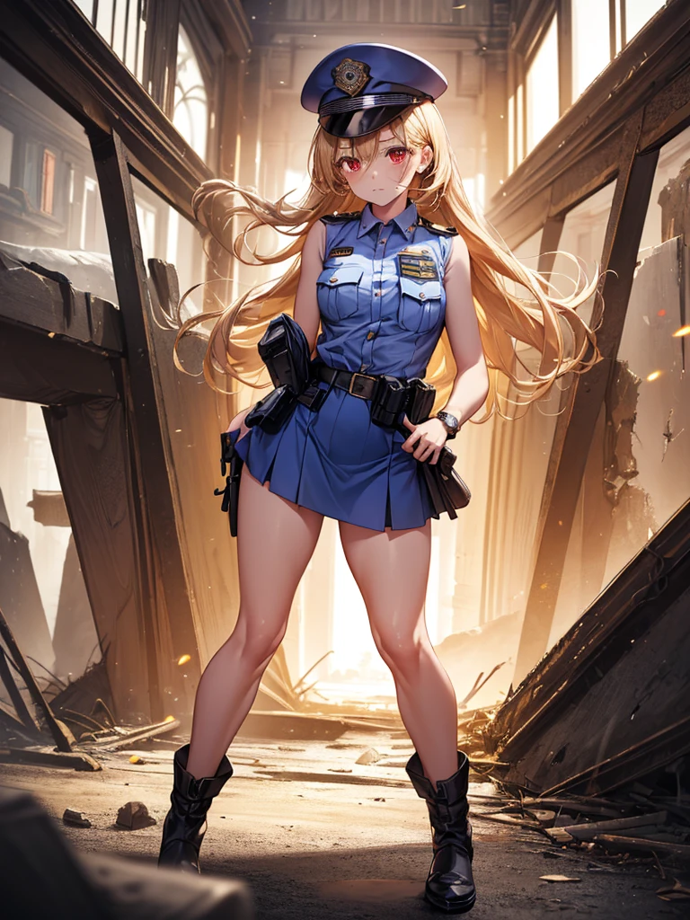 (((Perfect Anatomy, Very detailedな肌))), 1 girl, Japanese, Police Girl, Shiny skin, Small breasts:0.5, Are crying,avert your eyes, look up, Beautiful Hair, Beautiful Face, Beautiful fine details, (Long Hair:1.5,), Blonde, bangs, Hair between the eyes, Red eyes, Beautiful clavicle, Beautiful body, Beautiful breasts, Beautiful thighs, Beautiful feet, , Mole under the eye, ((Policewoman uniform, Light blue sleeveless shirt, High Waist Mini Skirt), belt, ((watch)),Police hat, Captivating thighs , (Beautiful views), wasteland, Burning City, 8k, highest quality, Masterpiece:1.2, Very detailed), (Realistic, photoRealistic:1.2), Beautiful illustrations, Cinema Lighting,Indoor Scene,Wooden wall,(((Standing facing forward)))