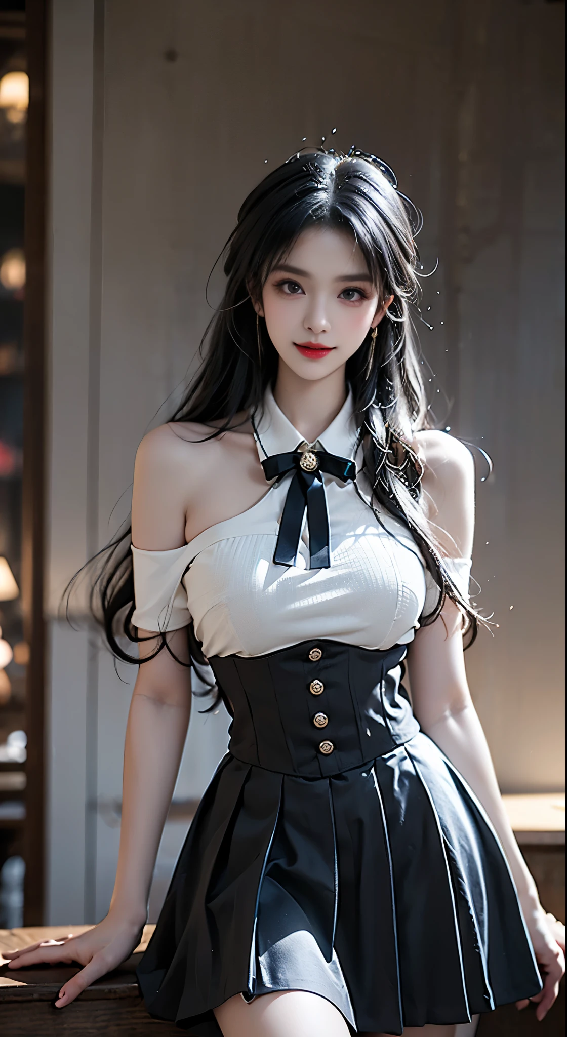 cyb skirt, cyb shirt, high-waist skirt, neck ribbon, ((Bare shoulders)), ((Full breasts)), ((The skirt is short)), ((Sexy legs)), ((whole body)), Practical, Fashion girl, Red lips, Mature women, Exquisite makeup, big eyes, beautiful, (best quality, masterpiece:1.2), Ultra Detailed, (Practical:1.37), ((Random scenes, Random shooting angles)), ((Sexy long legs)), Young and energetic, Charming model, (Delicateeyes, Delicate lips), Show a bright smile, Create stunning girl images, warm color, Very high color saturation, Official Art, Extremely detailed CG, Unity 8K Wallpaper, (High Dynamic Range :1.4), (Movie atmosphere),(Soft colors), (Natural skin texture, ultra-Practical, Soft Light, sharp),(Very detailed), night, moonlight