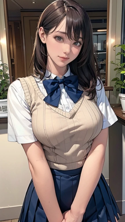 (masterpiece:1.2, highest quality), (realistic, photorealistic:1.4), beautiful illustrations, (natural side lighting, movie lighting), Depth of written boundary, 
looking at the viewer, Front view, 1 girl, japanese, high school girl, 19 years old, perfect face, Cute symmetrical face, shiny skin, 
(bob hair:1.7,blonde), asymmetrical bangs, Big eyes, droopy eyes, long eyelashes chest), thin, 
beautiful hair, beautiful face, fine and beautiful eyes, beautiful clavicle, beautiful body, beautiful breasts, beautiful thighs, beautiful feet, beautiful fingers, 
((fine fabric texture, brown knit vest, short sleeve white collar shirt, navy pleated skirt, Navy bow tie)), 
(beautiful scenery), evening, (Inside the flower shop), Are standing, (smile, Upper grade, open your mouth),  (((skirt lift,  panties, genitals visible))), full body shot, dark blue socks, open legs,