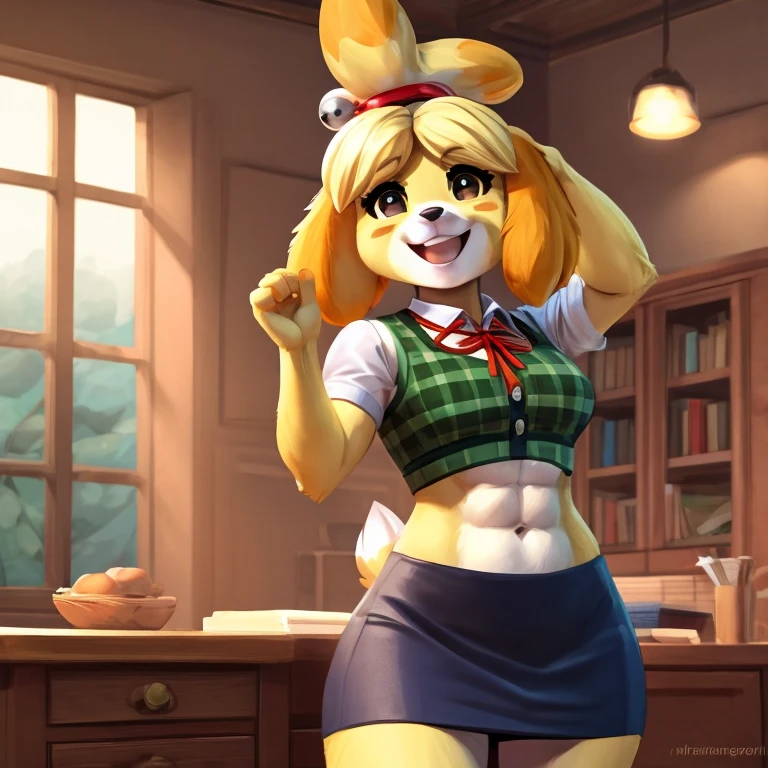 a digital artwork of Isabelle with abs wearing a crop top of her  short sleeve green plaid white shirt with green vest and red ribbon tie and a navy blue skirt with a bare midriff and a bare navel ((perfect face)), ((best quality)), ((masterpiece)),  gleeful