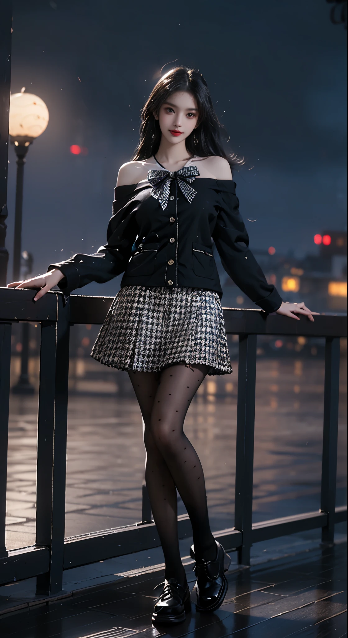 dating attire, bow, jacket, skirt, pantyhose, bow socks, black footwear, ((Bare shoulders)), ((Full breasts)), ((The skirt is short)), ((Sexy legs)), ((whole body)), Practical, Fashion girl, Red lips, Mature women, Exquisite makeup, big eyes, beautiful, (best quality, masterpiece:1.2), Ultra Detailed, (Practical:1.37), ((Random scenes, Random shooting angles)), ((Sexy long legs)), Young and energetic, Charming model, (Delicateeyes, Delicate lips), Show a bright smile, Create stunning girl images, warm color, Very high color saturation, Official Art, Extremely detailed CG, Unity 8K Wallpaper, (High Dynamic Range :1.4), (Movie atmosphere),(Soft colors), (Natural skin texture, ultra-Practical, Soft Light, sharp),(Very detailed), night, moonlight