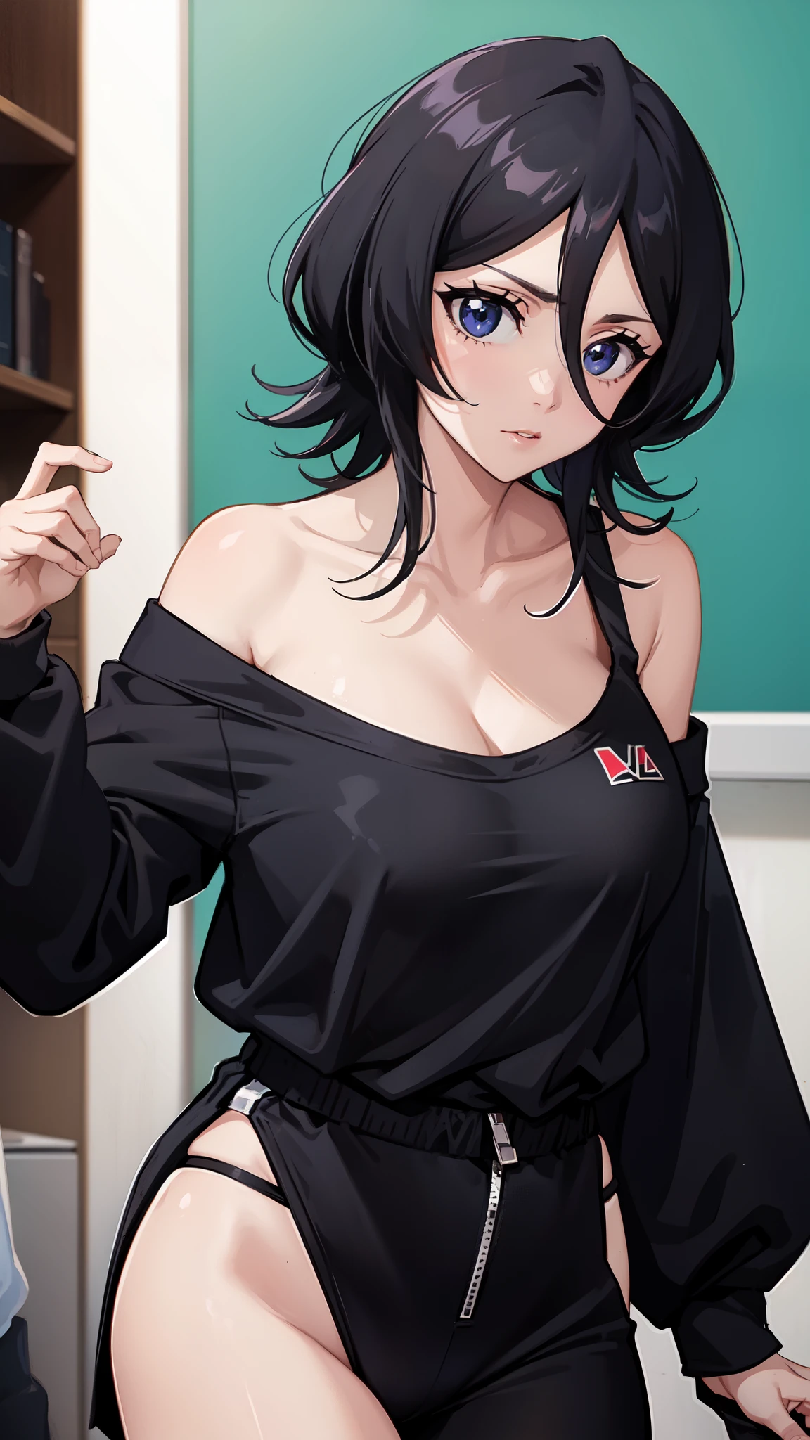 Off-the-shoulder attire，looks into camera，The upper part of the body，Black color hair，cleavage，track suit，