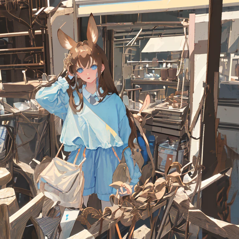 Brown Hair、Light blue eyes、Has long brown rabbit ears、Hair is tied back、Bangs up to the forehead、Clothes that are one size larger