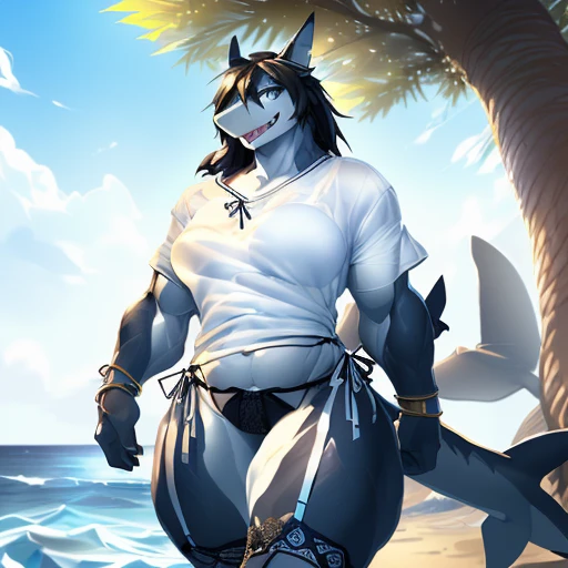 hi res,(((shark, finless shark))), (((not furry))), anthro, (((hair(head)))), aqua blue eyes, (((panties bottom))), (((((((lin\ger\ie panties bottom, s\ex\y panties bottom, side-tie panties, tiny black panties))))))), (((( female, muscular, muscular anthro, muscular female, slim, Skinny)))), female, muscular, muscular anthro, muscular female, slim, Skinny, tail, adults, mature, (((SFW))), ((((((((solo)))))))), ((((female)))), standing with both legs closed, outside, plant, light blue body, sea, tree, (water), detailed background,by milkytiger1145,by takemoto arashi,by null-ghost, cold atmosphere, open smile, soft blue blush, single fin, ((((((((wearing white tshirts)))))))), ((((((muscular thighs, thick thighs, thick calves, wide hips, wide pelvis, curvy figure, volu\ptu\ous figure, both feet are close together., \hourglass \figure,, female body)))))), (((((golden accessory, jewels and ornaments for panties, belly dancer outfit, wide crotch )))))