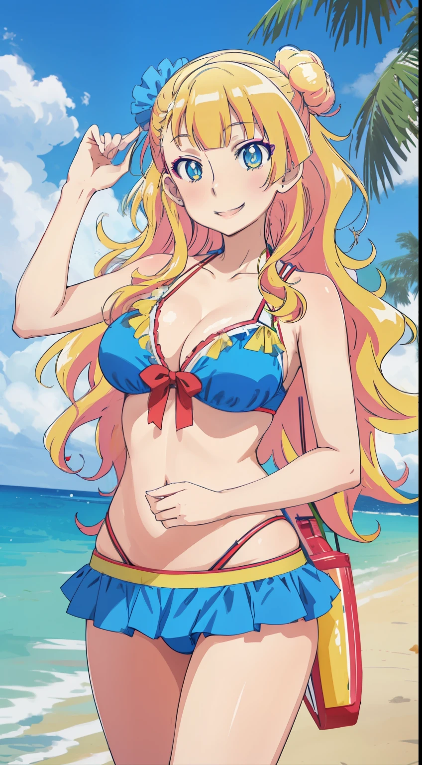 1people,anime, Galko,Galko,Big Breasts,smile,Swimwear,Beach,Skin Radiance,Looking at the audience, Center the image,Cowboy Shot,1people々and,
highest quality, High resolution, Beautiful Eyes, Highly detailed face, Detailed CG,