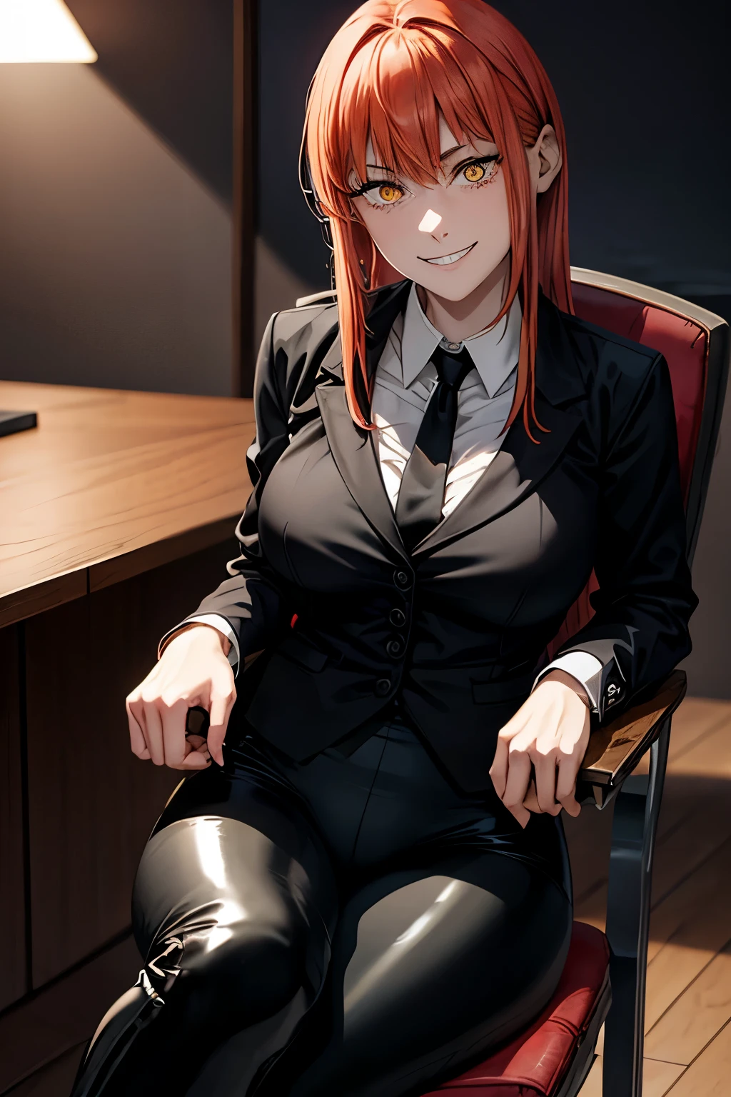 1girl, Makima (Chainsaw Man), beautiful face, detailed face, pretty, orange hair, long hair, tied hair, hair bang, straight hair bang, yellow eyes, detailed eyes, mature woman, mommy, smiling sadistically, evil smile, crazy grin, tie, sitted on chair, black tie, white leotard, office pants, dark gray pants, latex pants, boots, black boots, leather boots, combat boots, red light, blood on face, stains of blood on the face