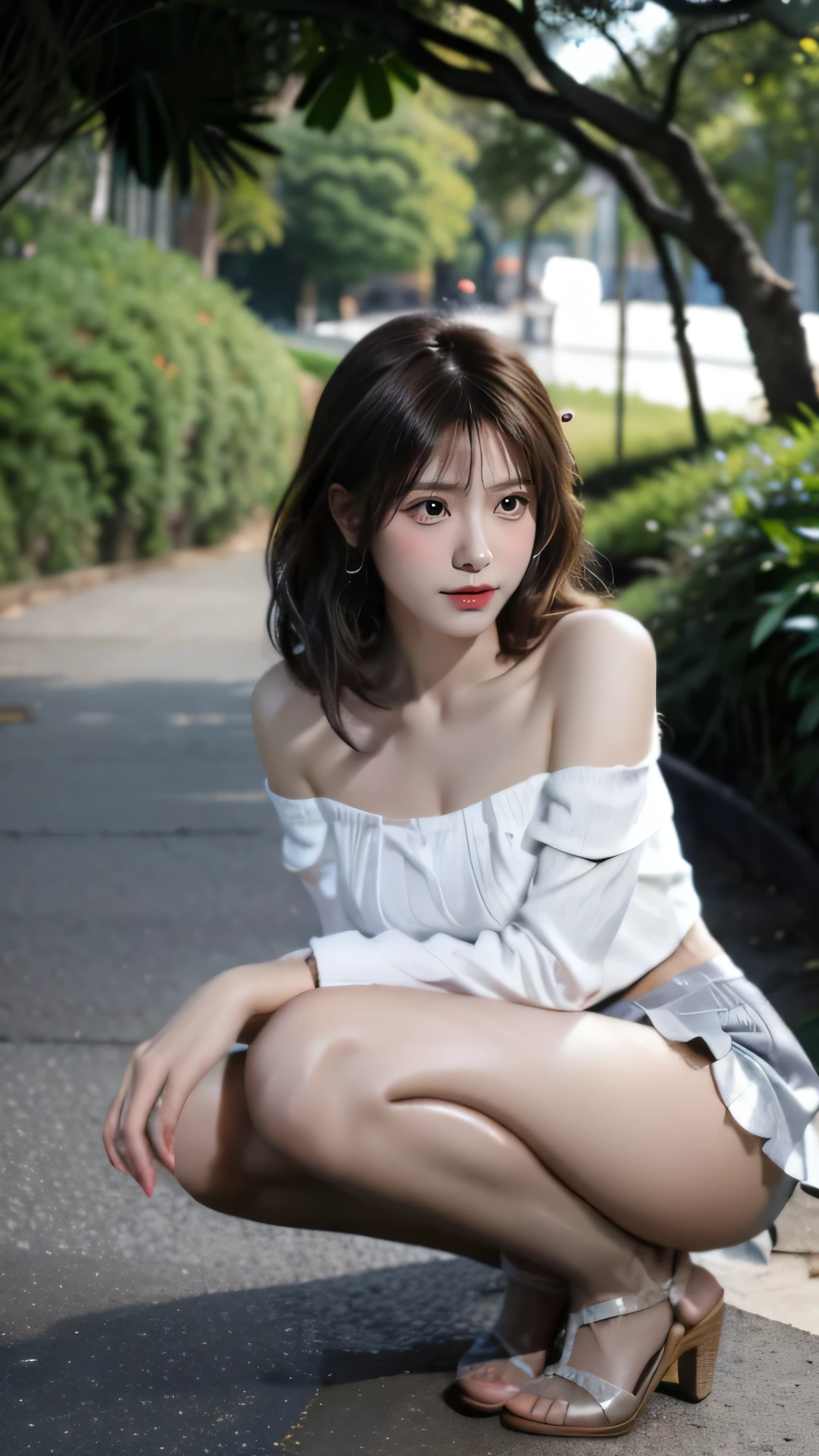 masterpiece, highest quality, High Dynamic Range,Very detailed 8K resolution,wallpaper, landscape, Outdoor, cloud, Supermodel,White off-shoulder dress,White high heels,(Shiny light grey pantyhose),Shiny all-through pantyhose for Race Queens,Beautiful feet,Thin thighs,Slim body,High-contrast photos,Brown Hair,bangs,beautiful girl,Adorable expression,Perfect Shape,Idol Group, Mountain, landscape, Tropical sandy beach,Ocean side,wood, blue, cliff, nature,Ocean, cloud, null,Award-winning photography, Bokeh, Written boundary depth, High resolution, bloom, Photorealism, Very detailed, ArtStation Trends, Trending on CGSociety, Complex, Dense details, dramatic