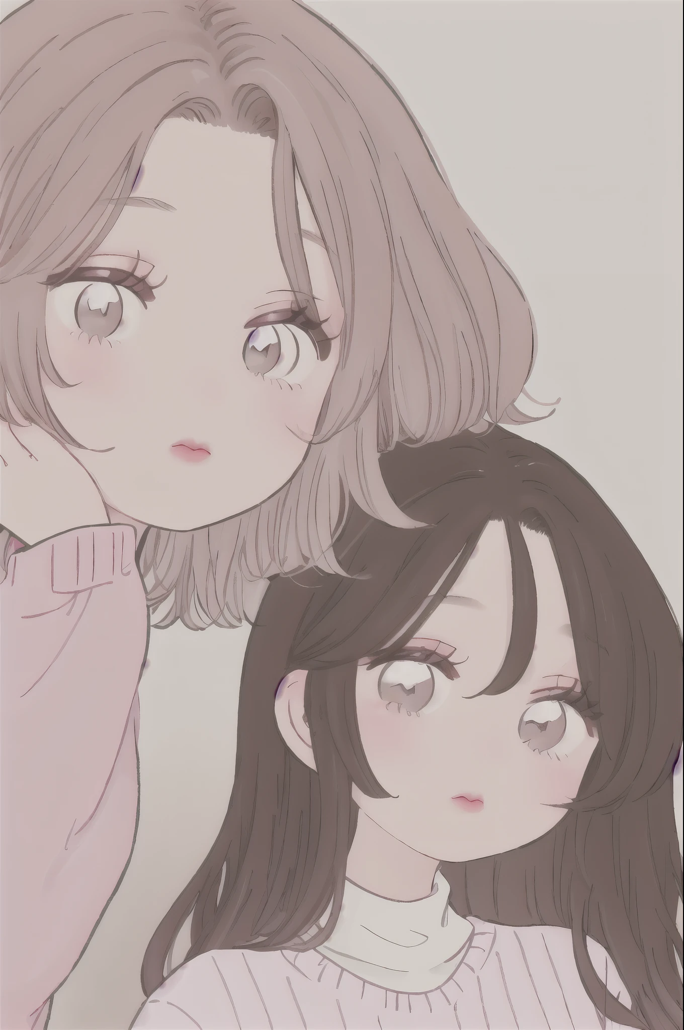 Girl, long brown hair, gray eyes, sharp features, white skin, pink lips, sweater