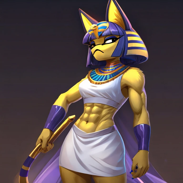a digital artwork of ankha with abs wearing a crop top of her white sleeveless dress with white dress skirt, a bare midriff and a bare navel, sideview, Egyptian setting