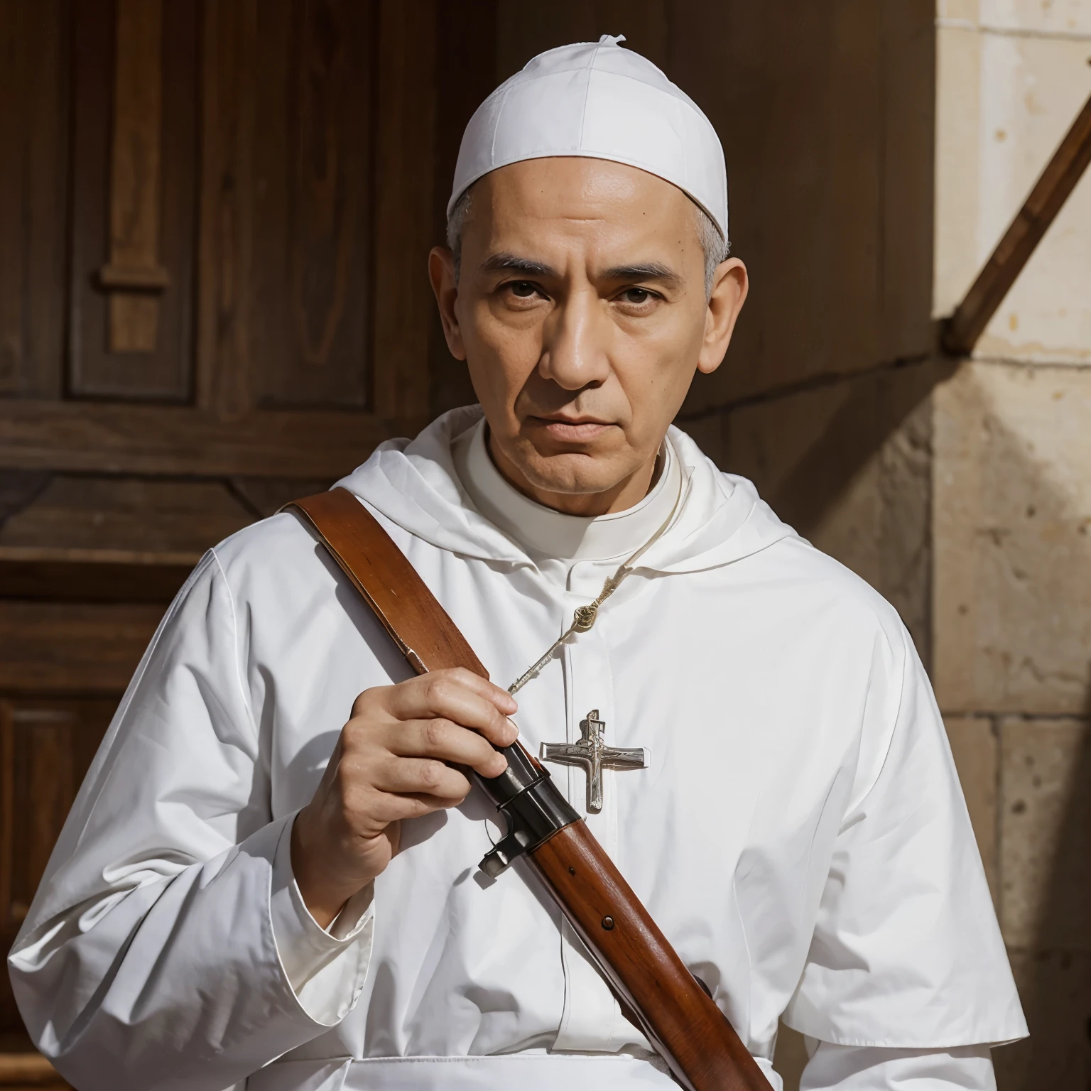 Dibujo animado, obispo papa Francisco con chaleco antibala y arma de asalto, ropa blanca,