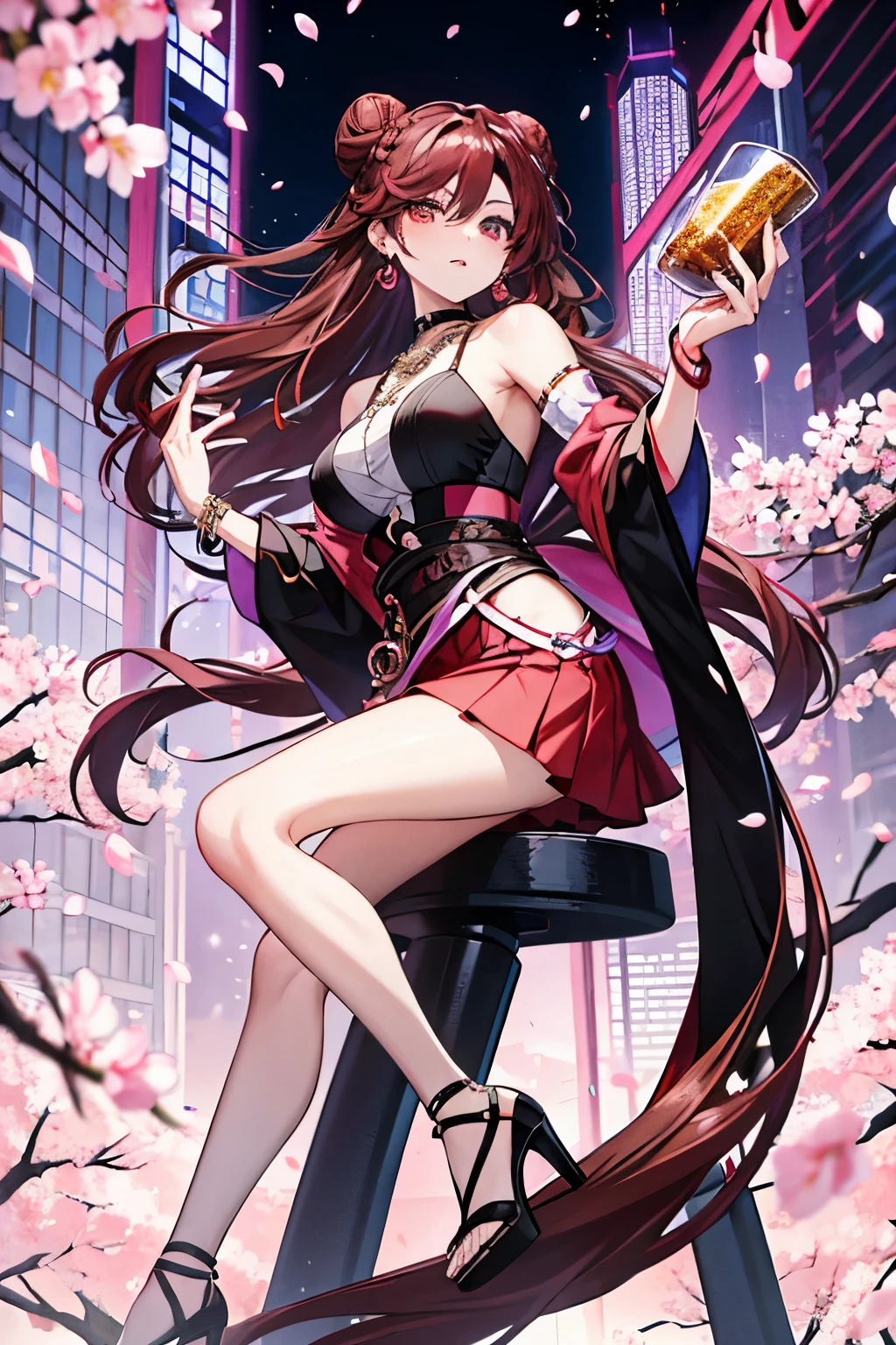 Sanemi Shinazugawa, the central character of the vento roxo series, is depicted in a full-body illustration. With long, wavy brown hair, visible eyebrows, and a serious expression, she commands attention. She wears a vibrant, fashionable outfit, including a red blouse, a black miniskirt with pleats, and a pair of high heels. Her accessories include a statement necklace, earrings, and a bracelet. Her hair is styled in a coiled bun, adding to her bold and confident appearance. The background scene features a dynamic and modern cityscape, with elements such as skyscrapers and cherry blossom petals adding to the visual interest