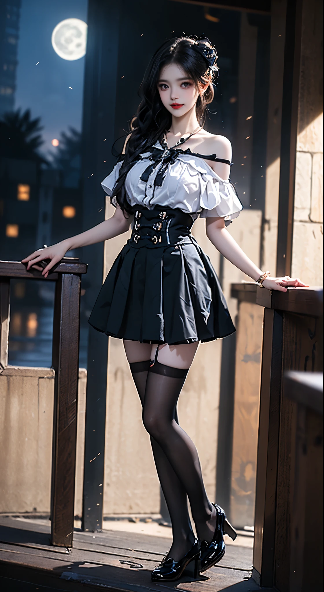 microskirt, thighhighs, red plaid skirt, red plaid corset, fishnets, short corset, midriff, statement sleeves, ((Full breasts)), ((Visible cleavage)), ((漏出Sexy legs)), ((Sexy legs)), ((Long-legged beauty)), ((whole body)), Practical, Fashion Girl, Red lips, Mature women, Exquisite makeup, big eyes, beautiful, (best quality, masterpiece:1.2), Extremely detailed, (Practical:1.37), ((Random Scenes, Random shooting angle)), ((Sexy long legs)), Young and energetic, Charming model, (Exquisite eyes, Delicate lips), Show a bright smile, Create stunning girl images, warm color, Extremely saturated colors, ((Night, light)), Official Art, Extremely detailed的 CG, Unity 8K wallpaper, (High Dynamic Range :1.4), (Movie atmosphere),(Soft colors), (Natural skin texture, ultra-Practical, Soft Light, sharp),(Very detailed), night, moonlight