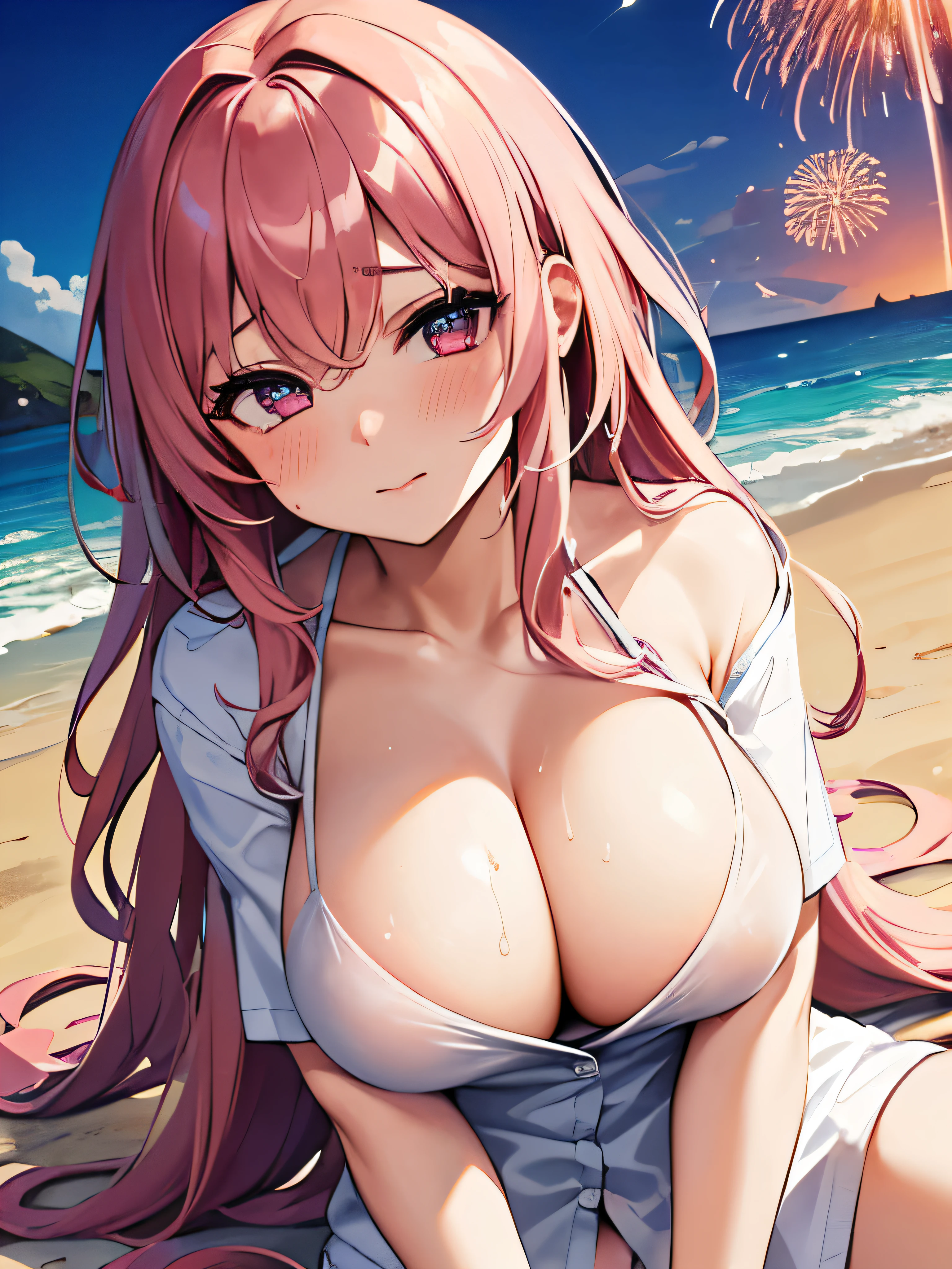 (masterpiece,highest quality, detailed), One girl, alone, Lying on the beach,Ocean, Fireworks at night, bikini, Sweat, Ahegao, Roll your eyes, blush, naked、Pink Hair,Messy wavy long hair,open chest white shirt、A tight-fitting shirt、Big Breasts