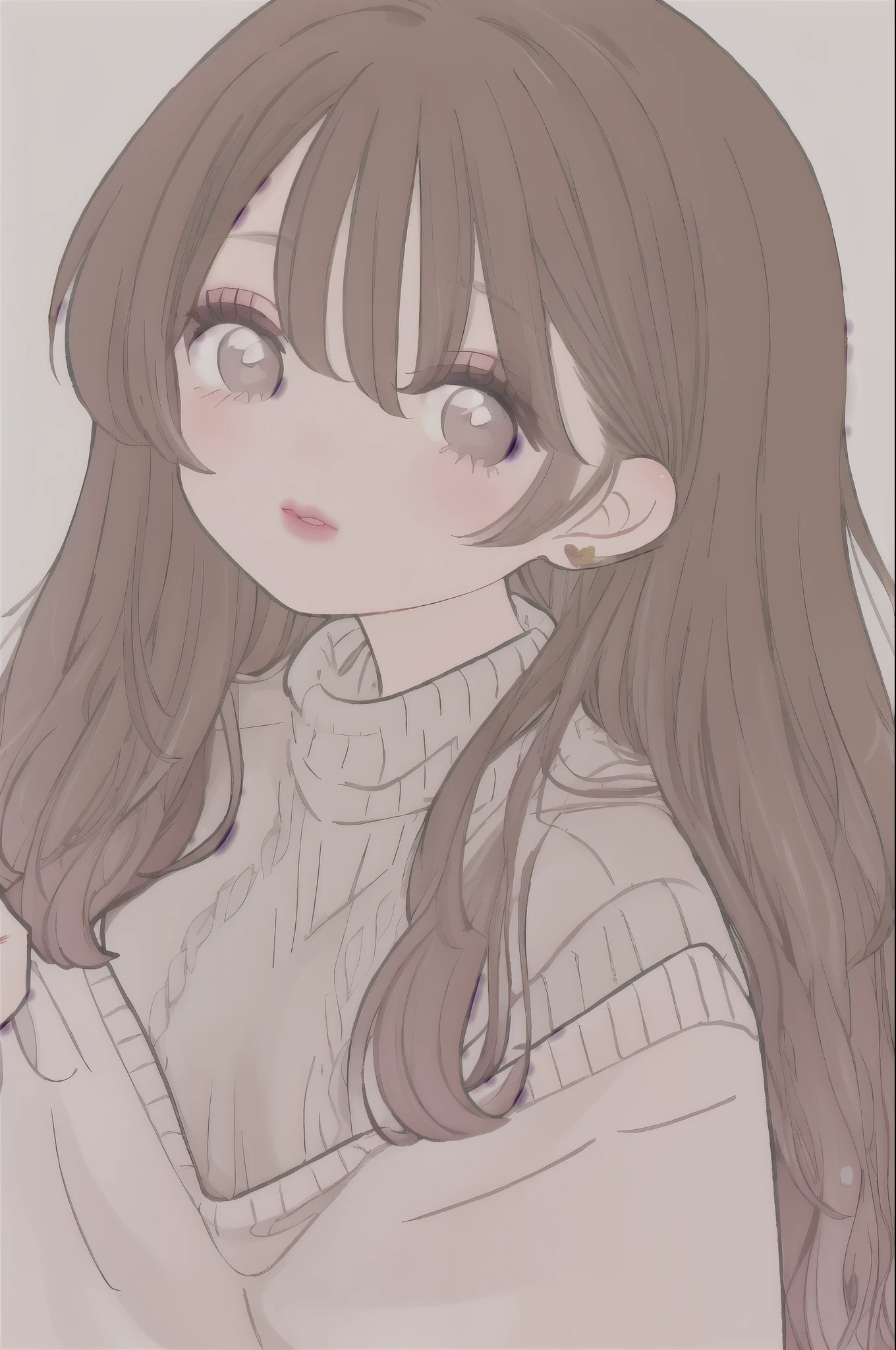 Girl, long brown hair, gray eyes, sharp features, white skin, pink lips, sweater