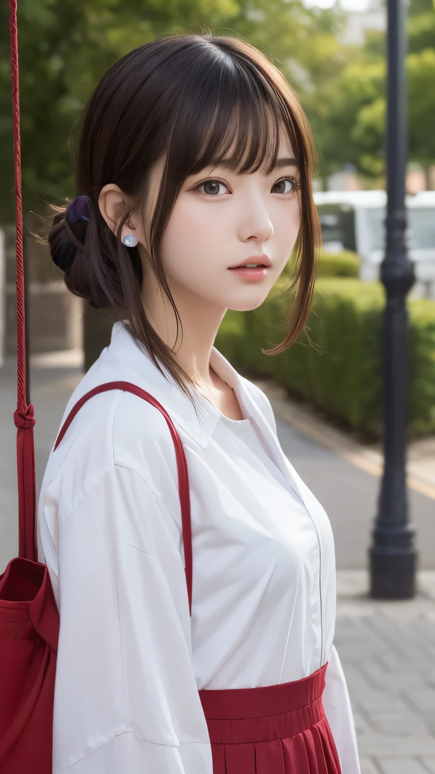 Dragon Ball bloomers, futuristic scene, Mechanically enhanced Japanese high school girl、Elegant in an elaborate garden. She has beautifully detailed eyes and lips that complement her face. high school girl。.uniform。.。.。.。.。.。14 year old girl.. Around her are bright チューリップ and a quiet carp pond. The scenes are drawn using a combination of illustration and photorealism, Rose,Highly detailed brush strokes and sharpness, bright colors. Lighting that highlights the elegance of the uniform, gives softness to the skin, porcelain shine。. Artwork is of the highest quality, Exquisite costume details on display, Rose, . The overall color scheme is、、、、、、、、、、、、、、、traditional Japanese color combinations, crimson, hang on., bus stop、sit on a swing、Headphones around the neck、Side view、Side view、whole body、cute clothes、from far away、Open the center、Big eyes、random pose、whole body、jogging