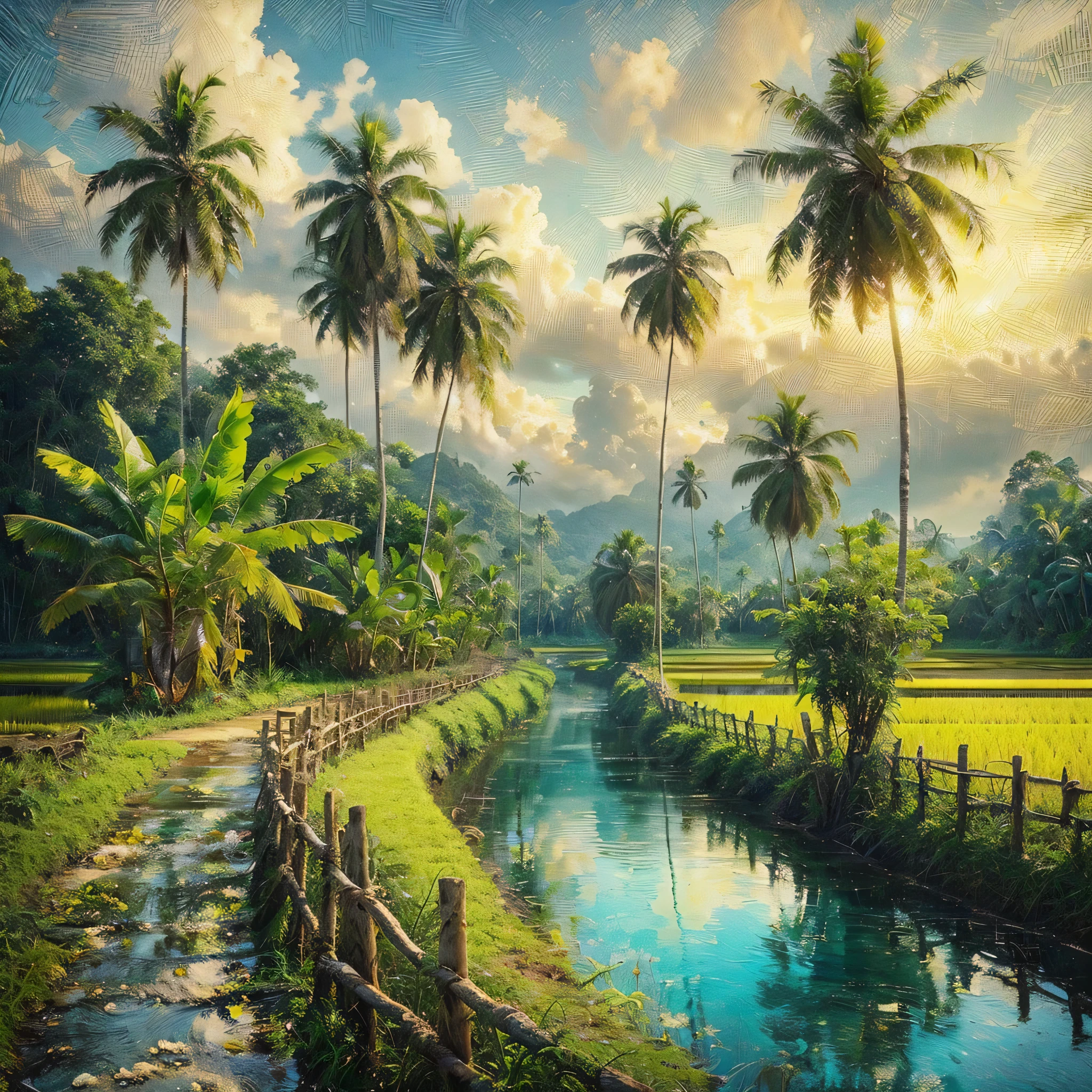 Create a hyperrealistic picture of a beautiful and enchanting view of coconut trees (coconut trees), banana trees (banana trees) on the edge of rice fields (rice fields), wooden fences on the edge of rice fields, small lakes with clear blue water, rivers, oil on rough canvas, textured scumbling technique