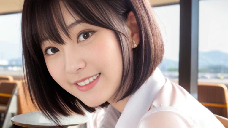 masterpiece、highest quality、High resolution、Tabletop、wallpaper、Realistic、Professional Lighting、Face Light、Smooth lighting、Japanese women、Beautiful woman、Age 25、Beautiful Skin、Beautiful and detailed、Detailed face、short hair、Black Hair、Brown eyes、Looking at the camera、Upper Body Shot, A stylish cafe terrace inside the airport, 1 girl, 若くて美しいJapanese women, Short Bob Hair, Super cute face,Wearing a short-sleeved satin silk white shirt with a collar, Lots of smiles on the airport cafe terrace, Glossy Lips, Double eyelids on both eyes, Natural Makeup, Long eyelashes, shiny smooth black hair、Attention to detail, Detailed hairstyle, Perfect body,Before you leave for your trip abroad