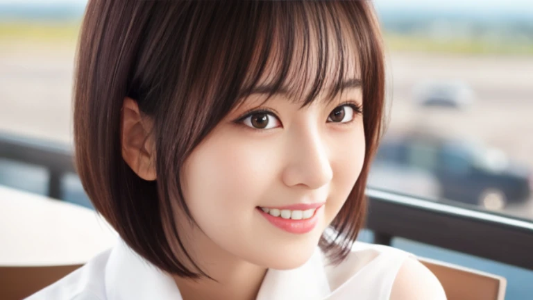 masterpiece、highest quality、High resolution、Tabletop、wallpaper、Realistic、Professional Lighting、Face Light、Smooth lighting、Japanese women、Beautiful woman、Age 25、Beautiful Skin、Beautiful and detailed、Detailed face、short hair、Black Hair、Brown eyes、Looking at the camera、Upper Body Shot, A stylish cafe terrace inside the airport, 1 girl, 若くて美しいJapanese women, Short Bob Hair, Super cute face,Wearing a short-sleeved satin silk white shirt with a collar, Lots of smiles on the airport cafe terrace, Glossy Lips, Double eyelids on both eyes, Natural Makeup, Long eyelashes, shiny smooth black hair、Attention to detail, Detailed hairstyle, Perfect body,Before you leave for your trip abroad