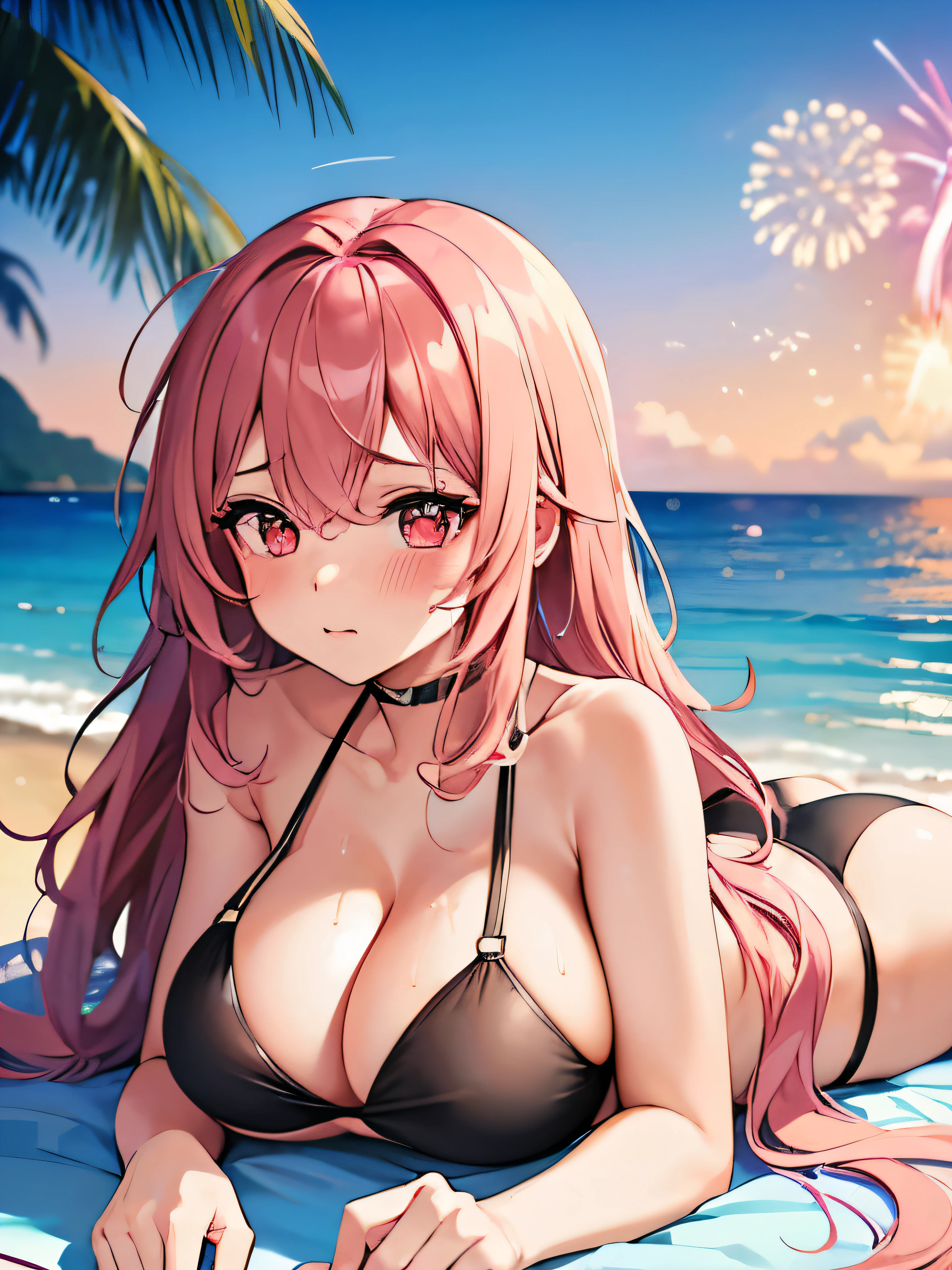 (masterpiece,highest quality, detailed), One girl, alone, Lying on the beach,Point your ass to the camera,Ocean, Fireworks at night, whole body,bikini,Sweat, Ahegao, Roll your eyes, blush, naked、Pink Hair,Messy wavy long hair,open chest white shirt、Black underwear,A tight-fitting shirt、Big Breasts