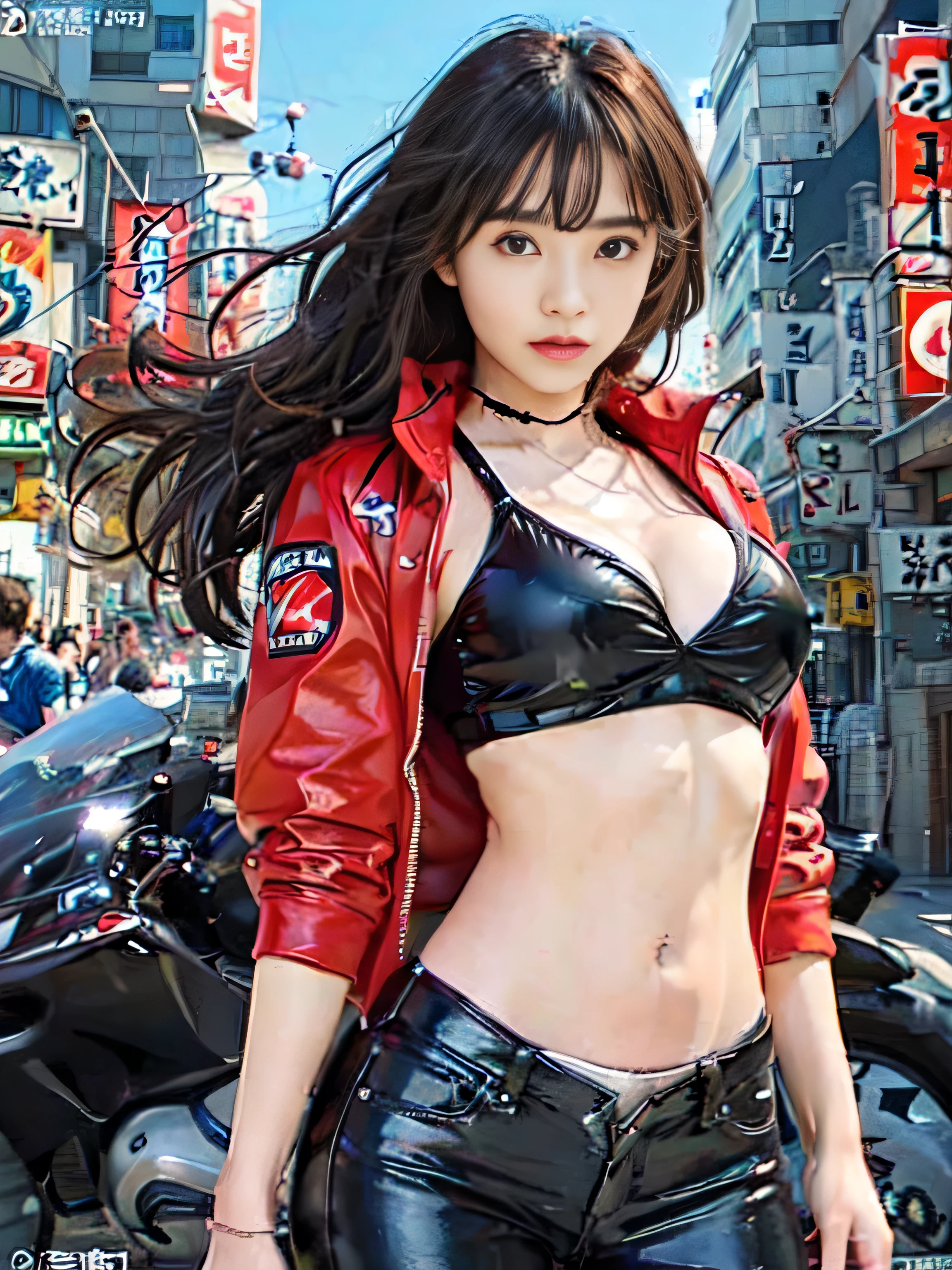 RAW quality, Official Art, highest quality, masterpiece, 超A high resolution, (Photorealistic:1.4), ((Ultra-Realistic Details)), Portrait, Global Illumination, Shadow, Octane Rendering, 8k, Super sharp, Japanese, One Girl, , Brown hair blowing in the wind, Detailed facial details, Almond-shaped, sky-blue eyes, Long eyelashes, Glossy Lips, Tsundere and playful expression, Low rise leather pants, White tank top, Cleavage, Big breasts and small waist, Red Down Jacket, ((Akira Bike:1.4)), night, cyberpunk city view, great screen,