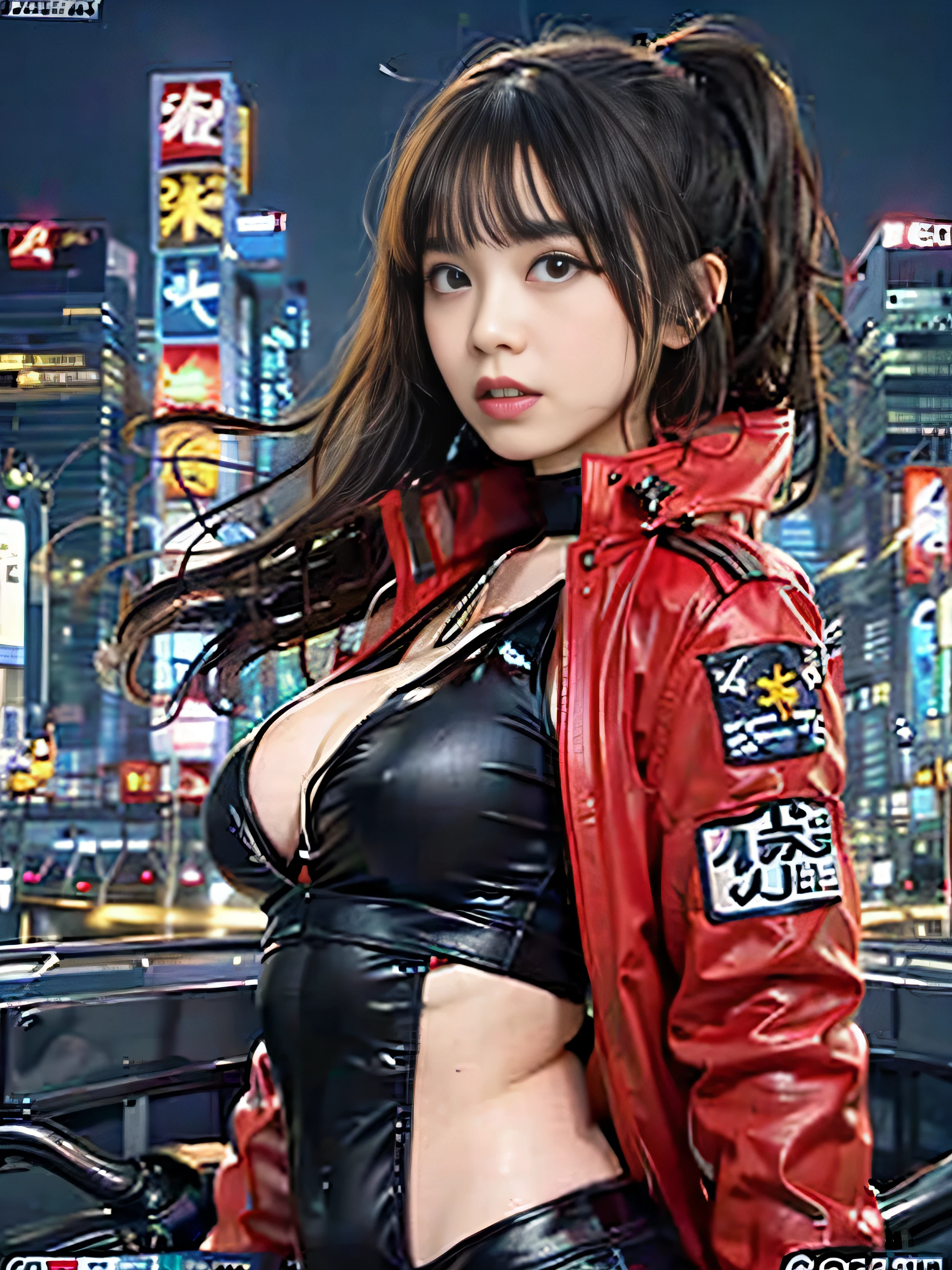 RAW quality, Official Art, highest quality, masterpiece, (Photorealistic:1.4), ((Ultra-Realistic Details)), Portrait, Global Illumination, Shadow, Octane Rendering, 8k, Super sharp, Japanese, One Girl, , Brown hair blowing in the wind, Detailed facial details, Almond-shaped, sky-blue eyes, Long eyelashes, Glossy Lips, Tsundere and playful expression, Low rise leather pants, White tank top, Cleavage, Big breasts and small waist, Red Down Jacket, ((Akira Bike:1.4)), night, cyberpunk city view, great screen, Shallow い depth of writing, Blurred Background, Biologically correct,