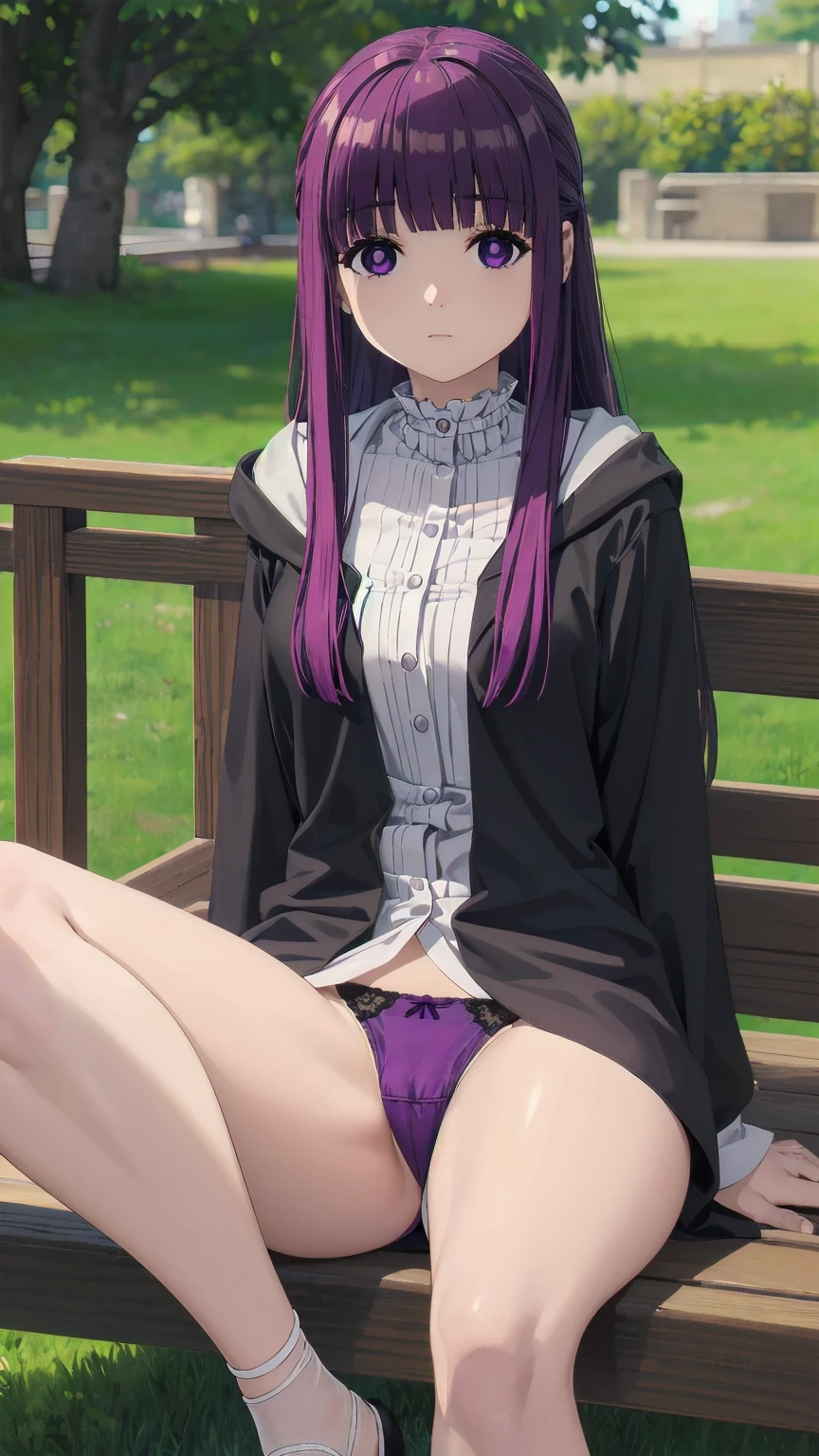 (((Pixel Perfect, Perfect detail))), One girl, alone, Fern, Long Hair, bangs, (Purple eyes:1.1), Purple Hair, Side Lock, blunt bangs, (Bright Eyes:1.5), Half Up, (I can see her panties:1.2), Outdoor, Sitting, whole body