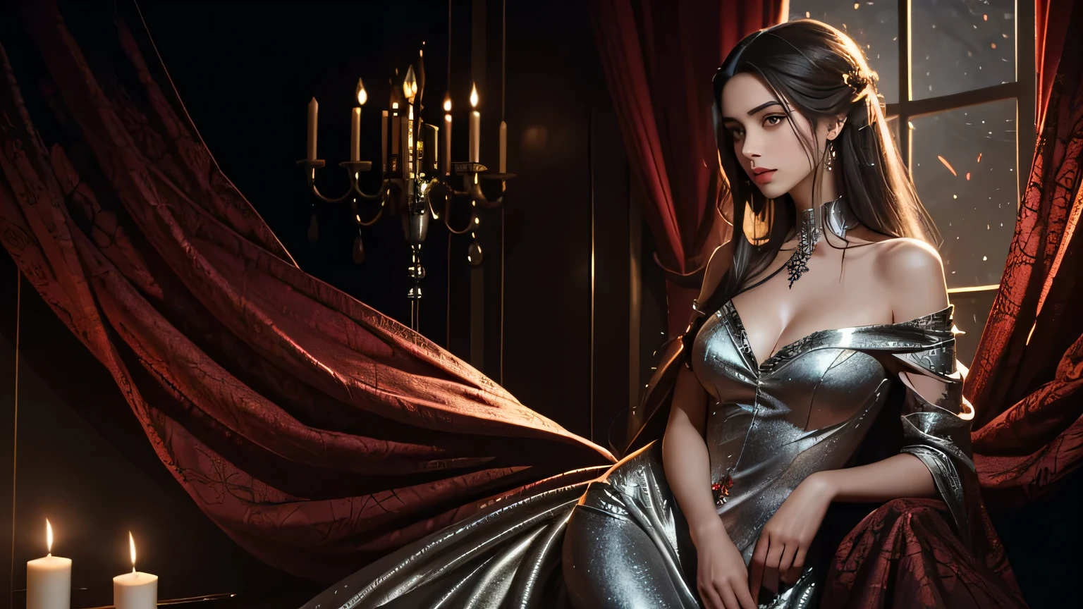 "A dark, seductive atmosphere with a mysterious woman standing. She has silver long hair and wears a shiny dress. Her eyes are clear and sharp, with beautiful red lips. The scene is filled with tendrils of smoke that transform into surreal butterflies. The atmosphere is dreamy and ethereal, with soft lighting illuminating the scene. The woman is depicted as radiant and confident, surrounded by symbols of her aspirations and inner strength. The overall atmosphere should evoke a sense of wonder, empowerment, and endless possibilities."