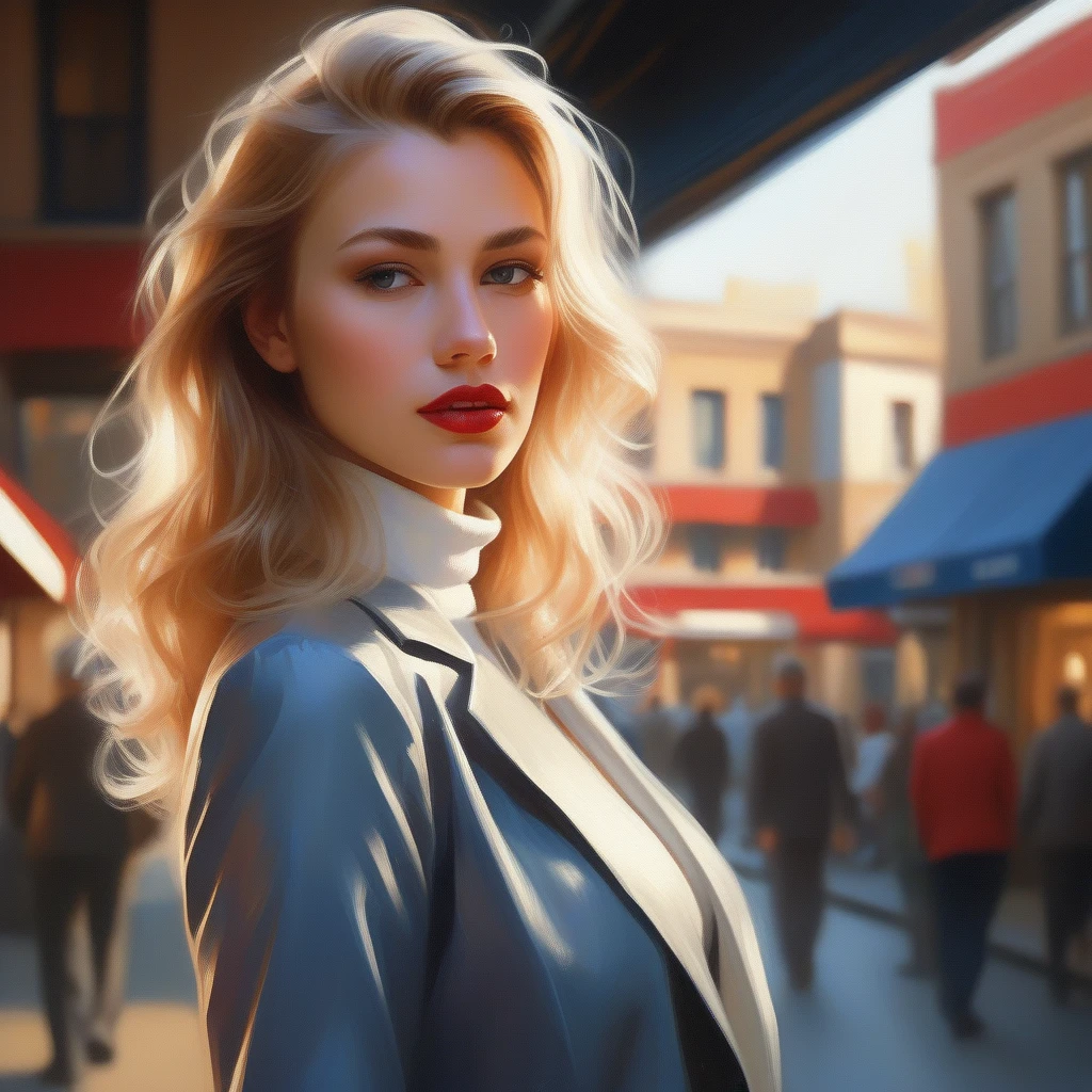 portrait photograph of a srstjms ,  as a movie star, blonde, red lipstick, turtleneck sweater, buttoned up jacket, (trousers), modelshoot style, (extremely detailed CG unity 8k wallpaper), photo of the most beautiful artwork in the world, professional majestic oil painting by Ed Blinkey, Atey Ghailan, Studio Ghibli, by Jeremy Mann, Greg Manchess, Antonio Moro, trending on ArtStation, trending on CGSociety, Intricate, High Detail, Sharp focus, dramatic, photorealistic painting art by midjourney and greg rutkowski, (walking down the street), (looking at viewer), (detailed eyes:1.2),(perfect eyes:1.3), ((closeup portrait:1.2)), (bokeh)