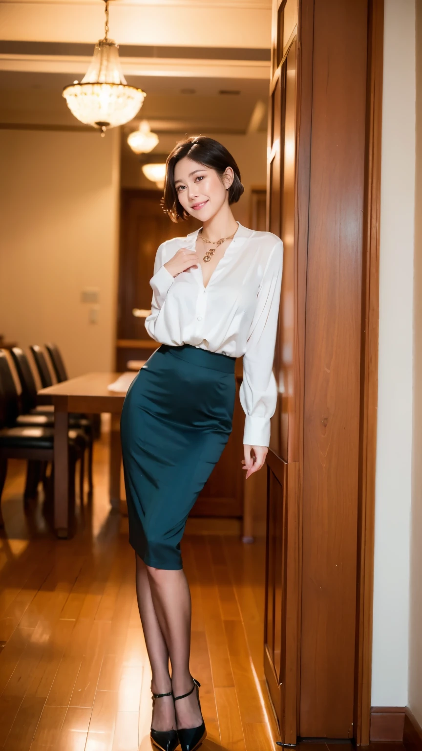 (RAW Photos:1.2), (Realistic:1.4),Beautiful detailed woman,非常にBeautiful Eyesと顔, Beautiful Eyes, Very detailed,High resolution, Very detailed,highest quality,Consciousness upward,Unified,8k wallpaper,masterpiece,highest quality,1 female,alone,rich,Whole Body Ezbian,(Standard body shape),(Toned figure:1.3),D cup breasts、(Tight waist:1.3)、Meaty legs,Tight waist,alone,(Greige formal suit:1.5)、(White formal frill blouse:1.6)、(Greige pencil skirt, knee-length:1.5),(Black high heels),jewelry necklace short hair,A kind smile,A dignified atmosphere,black eye,Realistic,(Professor, University of Tokyo:1.3)、(Standing upright with good posture:1.5) , (The largest classroom in the Faculty of Law:1.3)、I'Teaching lessons.、(33 years old、Japanese)