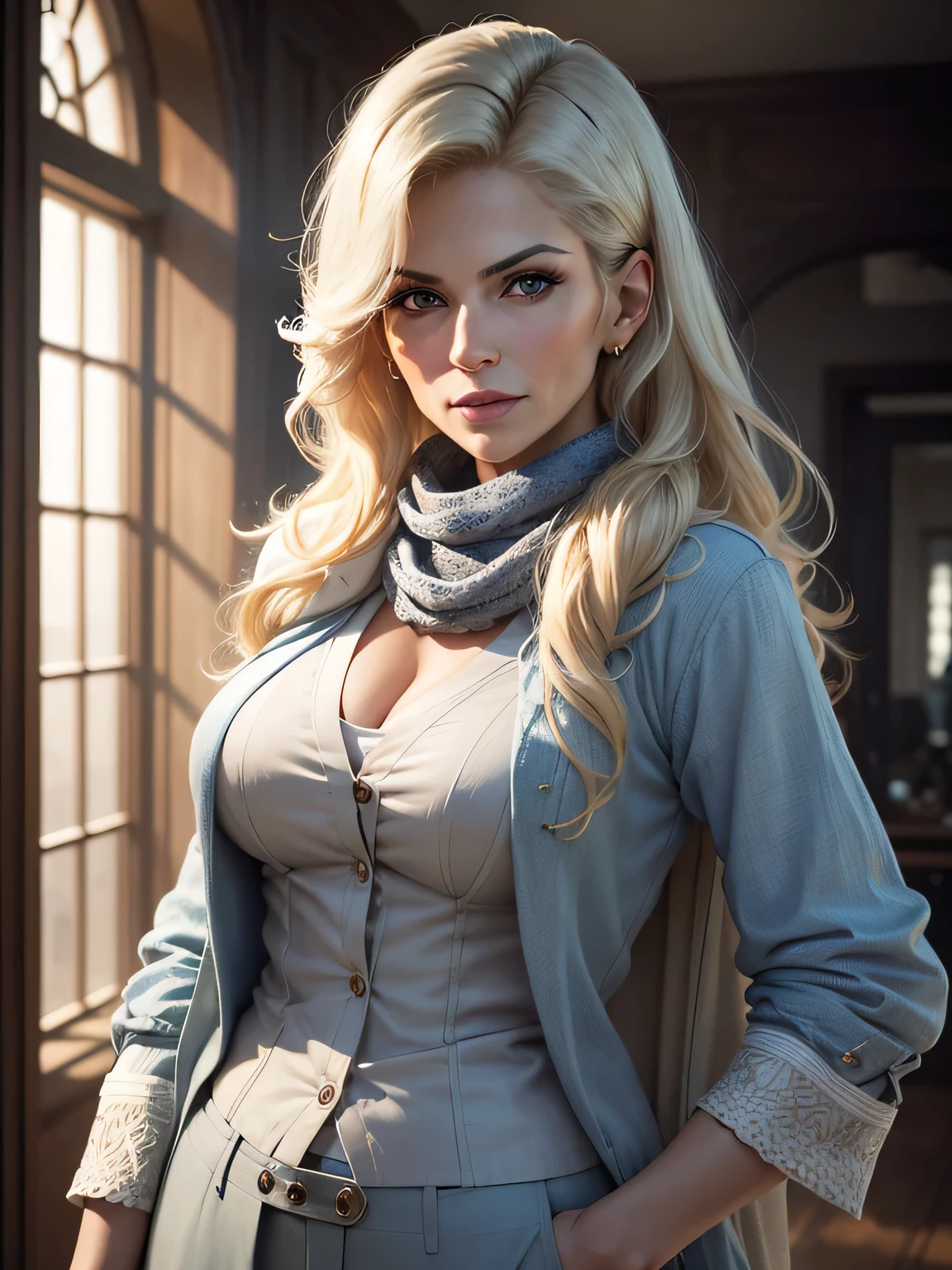 A photorealistic portrait of Kathryn Winnick, fifty years old, looking directly at the viewer, looking squarely at viewer, wide jaw, slim, strong chin, with light makeup, Extremely detailed eyes, blonde hair in a bob style, hair framing face, cheeky smile, one eyebrow raised, A detailed symmetrical realistic face, white keffiyeh, pale blue linen jacket and trousers over plain white blouse, voluminous keffiyeh, highly detailed natural texture, master piece, absurdes, extremely detailed, astonishing, fine detail, couleurs riches, Hyper realistic texture, dramatic lighting