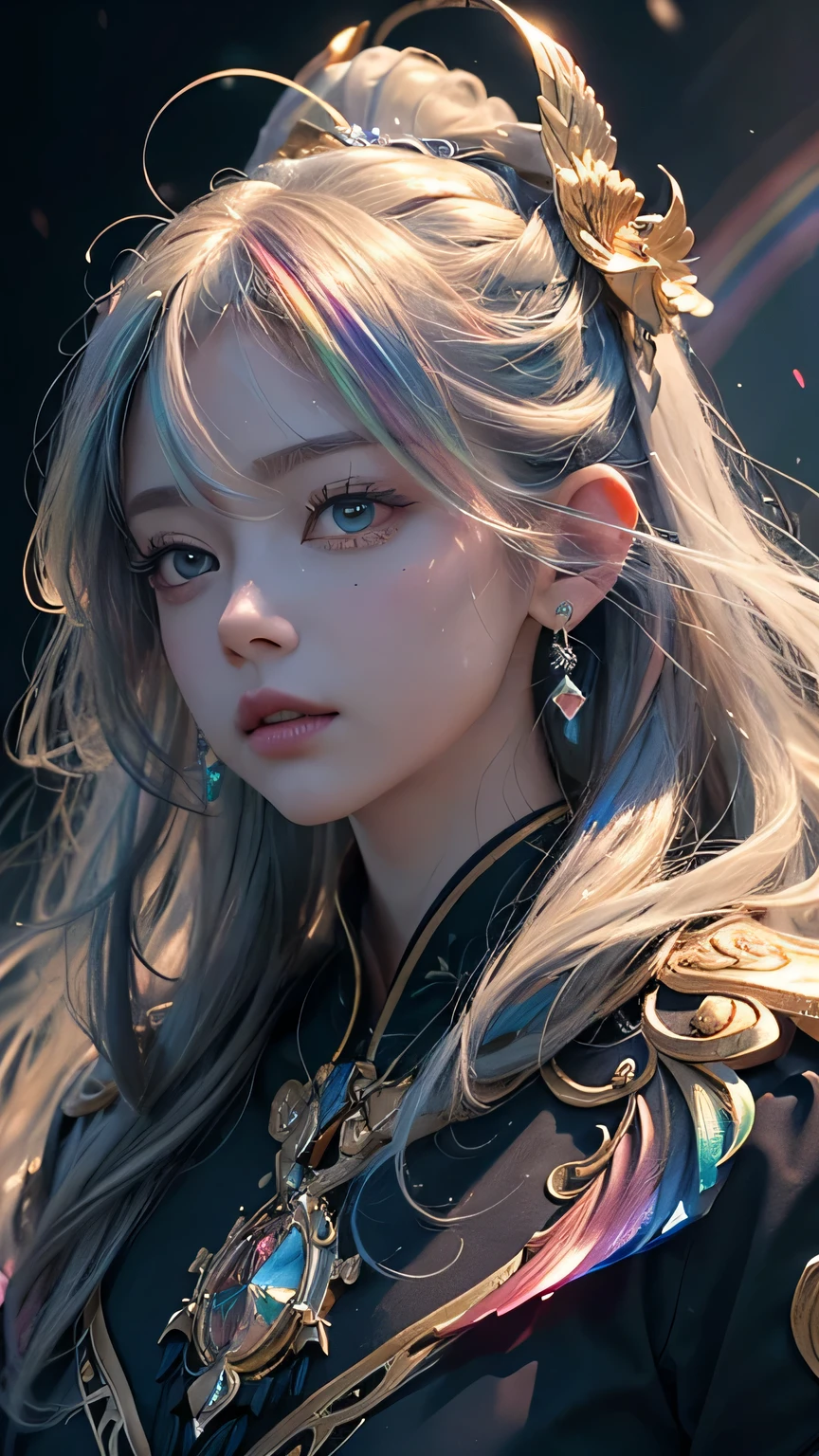 (((masterpiece))), (((highest quality))), ((Very detailedな)),(Highly detailed CG illustrations), ((Very delicate and beautiful)),Cinematic Light, Imitating the style of the current genre masters、Create stunning fantasy artwork。. In the works of art、It should contain elements of both mythical and fairytale fantasy with dreamy rainbow accents。. ((Use the rainbow as your main color.)) The characters in this work are、Mystery and Gives off an aura of magic. A delicate yet powerful character.、 (Beautiful translucent rainbow feathers). Pay close attention to complex facial features, Create captivating eyes with vibrant colors and bold shadows. Character clothing should be designed with thin feathers, silk, Beautiful embroidery, Subtle iridescent details. insert (((Translucent rainbow))), Dreamy colors, Dynamic Lighting, Detailed background elements that create awe and immersion. Gives off an aura of magic、Colorful magical birds and jewel-like rainbow butterflies々Draw. Considering the latest trends in fantasy art, Unique lighting effects, Exploring dynamic and engaging compositional techniques, Try out unique color palettes. Get inspired by top artists from ArtStation and Midjourney. camera: Highlight the beauty of the characters、Choose angles that enhance the magical majesty of your artwork。. Lighting: Utilize atmospheric lighting techniques to create depth and atmosphere. solve: Aim for high-resolution artwork for exquisite detail and clarity. Art inspiration: Get inspired by popular artists with ArtStation, explore different styles, Genre, theme,(8k, RAW Photos, highest quality),Realistic,facade,Intricate details,Very detailed eyes and eyelashes,Portraiture,close,, digital slr camera, highest quality, Fujifilm Real, Crisp details, Surreal, Beautiful Wallpapers, 8k, highest quality, masterpiece, Very detailed, PC Graphics, Unity,