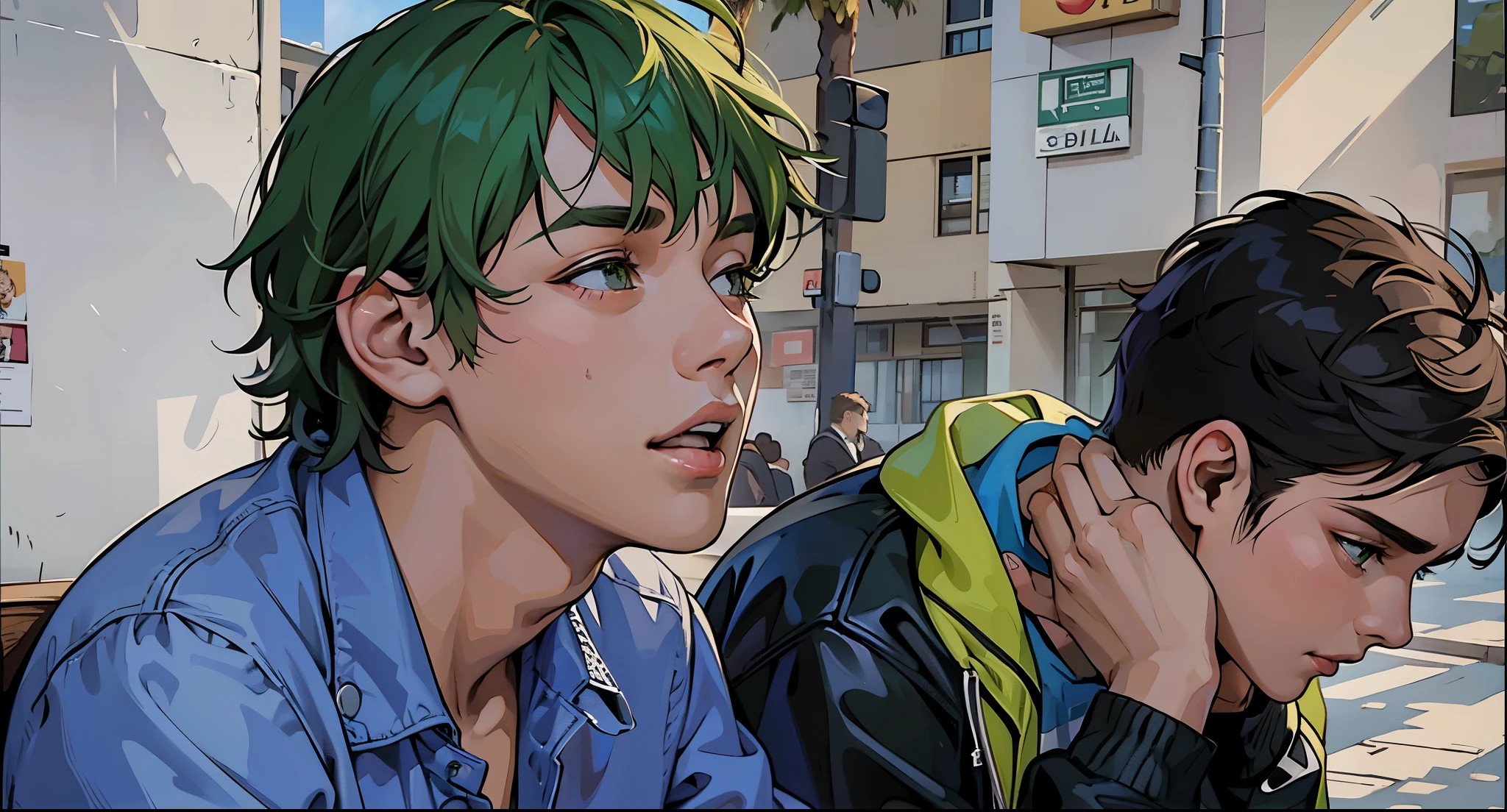 There are two young people sitting next to each other on a bench., They are both and in high school..., tienen cabello color verde ojos verdes , esta mirando preocupado a alguien que se acerca