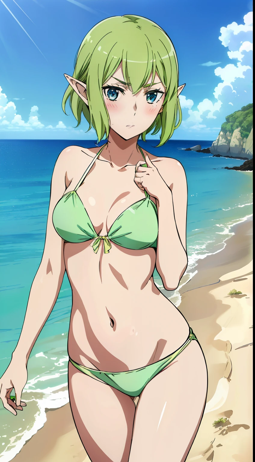 masterpiece,highest quality,anime,2D,
1 girl, alone, Expressionless,Pointy Ears, Green Hair, Goblins, blue eyes, short hair,Green Hair,Swimwear,blush,Beach,Stylish pose,Stylish angle,(Vibrant_color:1.2),(beautiful_Medium chest:1.2), (beautiful_face:1.4),(beautiful_Thighs:1.1),