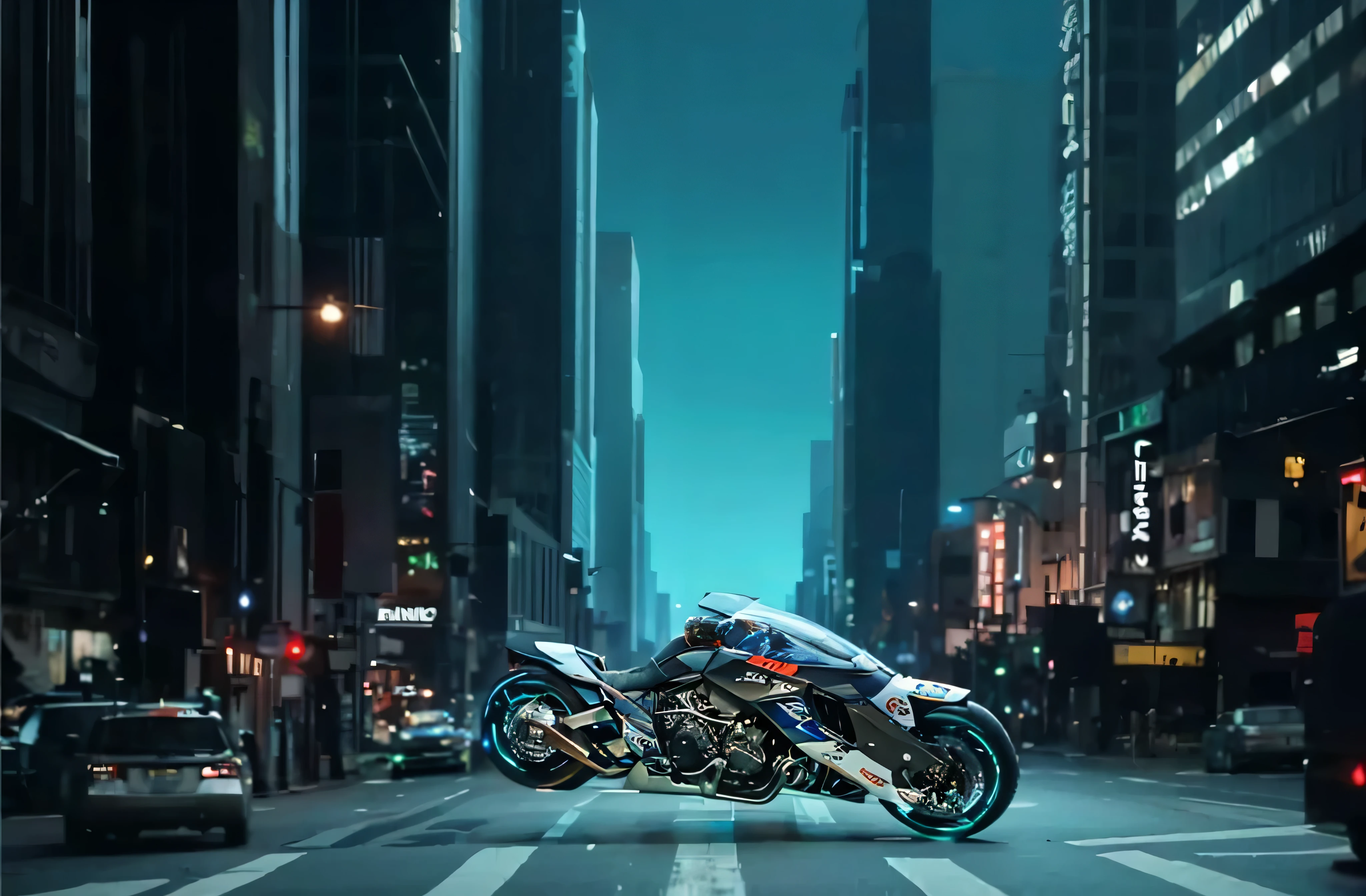 close up, futuristic motorcycle, sleek design, shining metallic surface, bright LED lights, aerodynamic shape, high-tech features, advanced controls, cutting-edge technology, powerful engine, glossy paint, dynamic curves, polished chrome accents, futuristic helmet, futuristic cityscape in the background, neon lights, glowing electric blue accents, speed and adrenaline, intense energy, fast-paced action. cyberpunk city background (best quality, highres), ultra-detailed, realistic:1.37, HDR lighting, vivid colors