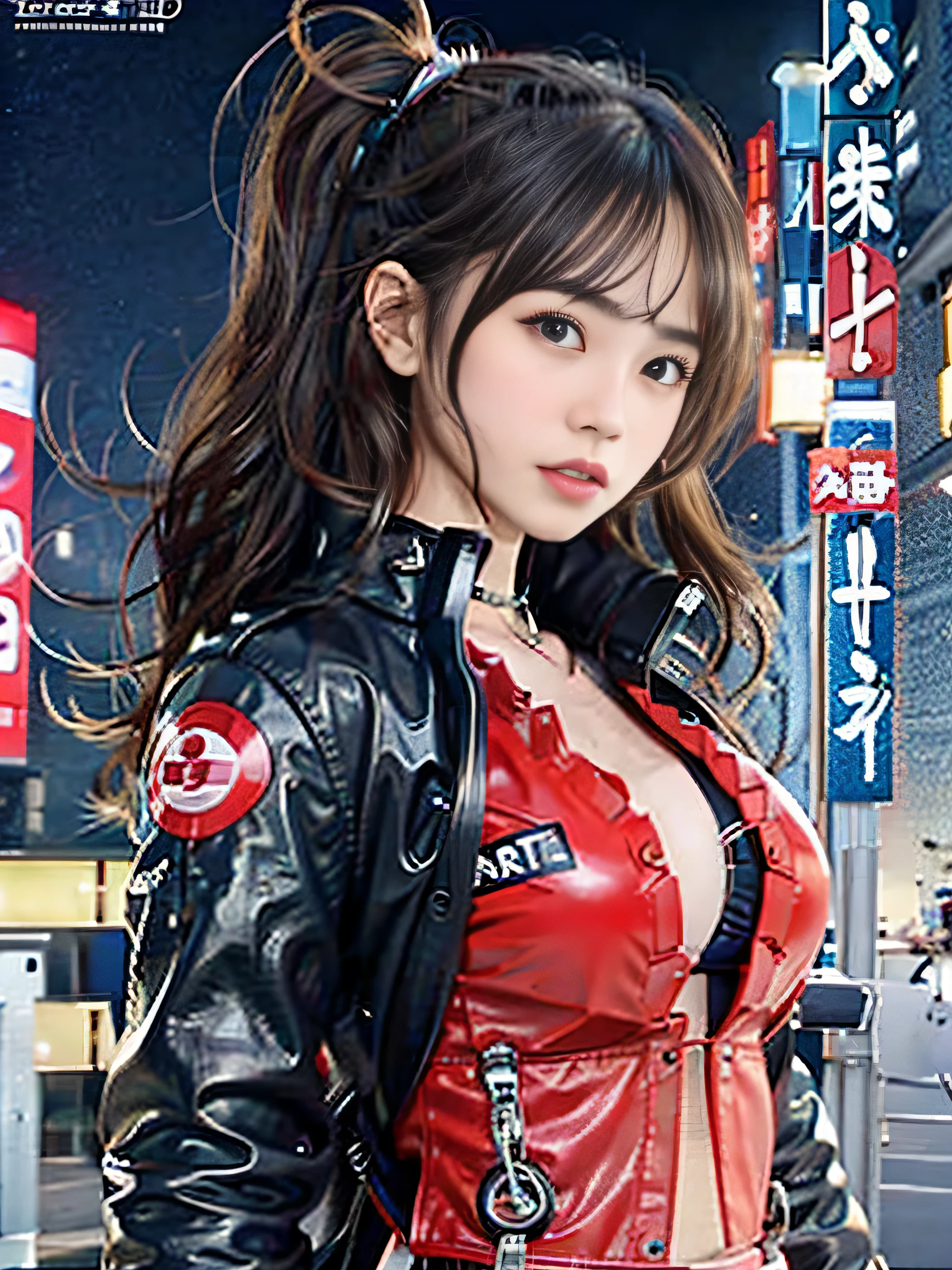 RAW quality, Official Art, highest quality, masterpiece, (Photorealistic:1.4), ((Ultra-Realistic Details)), Portrait, Global Illumination, Shadow, Octane Rendering, 8k, Super sharp, Japanese, One Girl, , Brown hair blowing in the wind, Detailed facial details, Almond-shaped, sky-blue eyes, Long eyelashes, Glossy Lips, Tsundere and playful expression, Low rise leather pants, White tank top, Cleavage, Big breasts and small waist, Red Down Jacket, ((akirabike:1.4)), night, cyberpunk city view, great screen, Shallow い depth of writing, Blurred Background, Biologically correct,