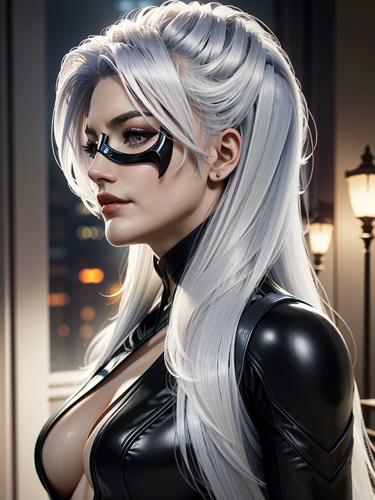 ((ultra detailed, masterpiece, absurdres))
 SpiderBlackCat, Minka Kelly, mask, white hair, long hair, Side view with a playful expression