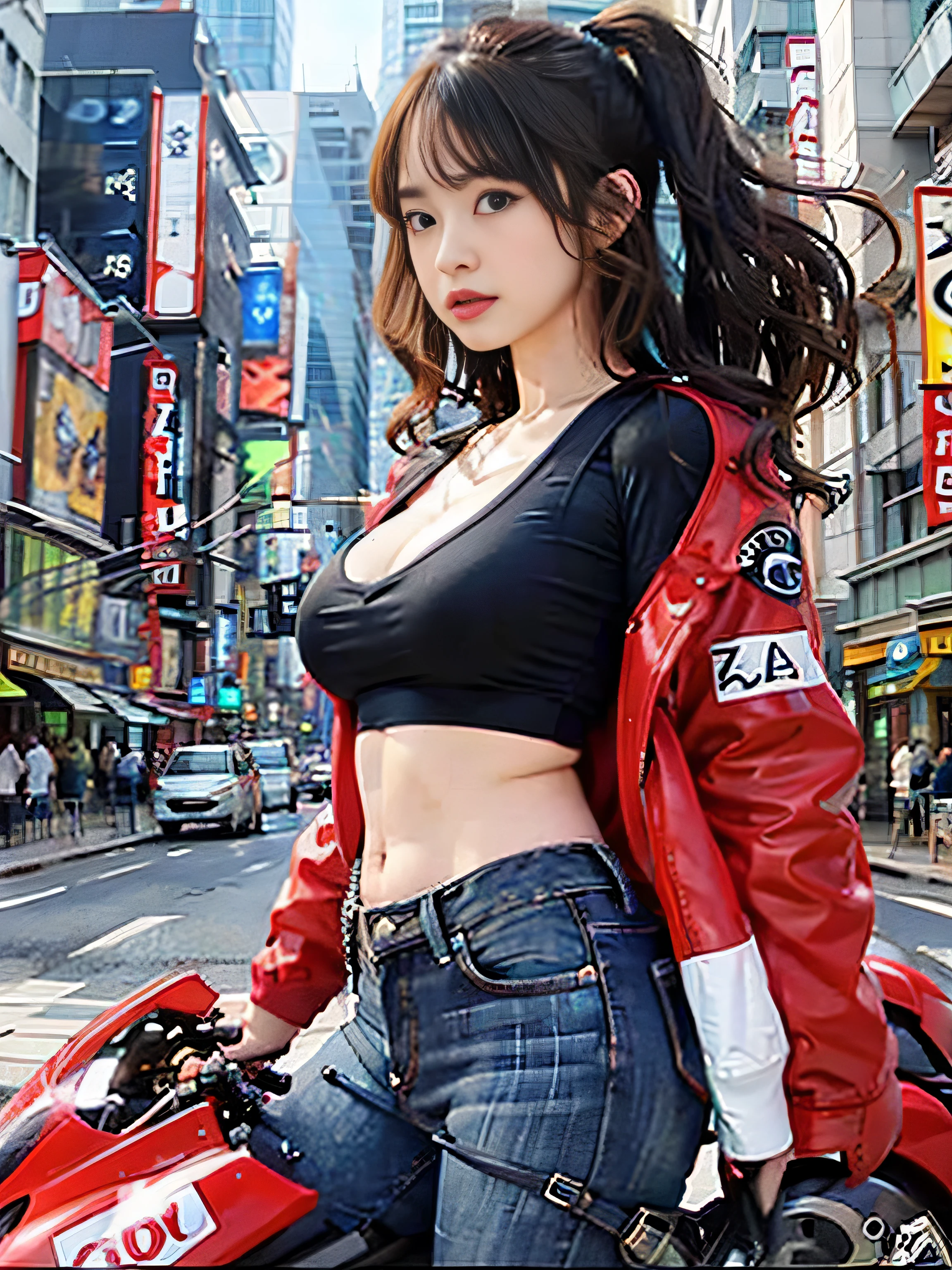 RAW quality, Official Art, highest quality, masterpiece, (Photorealistic:1.4), ((Ultra-Realistic Details)), Portrait, Global Illumination, Shadow, Octane Rendering, 8k, Super sharp, Japanese, One Girl, 14 years old, Brown hair blowing in the wind, Detailed facial details, Almond-shaped, sky-blue eyes, Long eyelashes, Glossy Lips, Tsundere and playful expression, Low rise leather pants, White tank top, Cleavage, Big breasts and small waist, Red Down Jacket, ((Ride Akirabike:1.4)), night, Background of the Tokyo of the Future, great screen, Shallow い depth of writing, Blurred Background, Biologically correct,