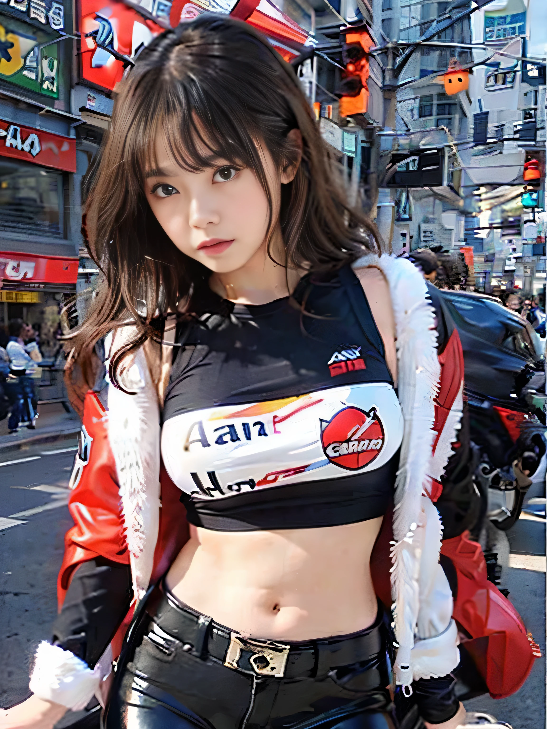 RAW quality, Official Art, highest quality, masterpiece, (Photorealistic:1.4), ((Ultra-Realistic Details)), Portrait, Global Illumination, Shadow, Octane Rendering, 8k, Super sharp, Japanese, One Girl, 14 years old, Brown hair blowing in the wind, Detailed facial details, Almond-shaped, sky-blue eyes, Long eyelashes, Glossy Lips, Tsundere and playful expression, Low rise leather pants, White tank top, Cleavage, Big breasts and small waist, Red Down Jacket, ((Ride Akirabike:1.4)), night, Background of the Tokyo of the Future, great screen, Shallow い depth of writing, Blurred Background, Biologically correct,