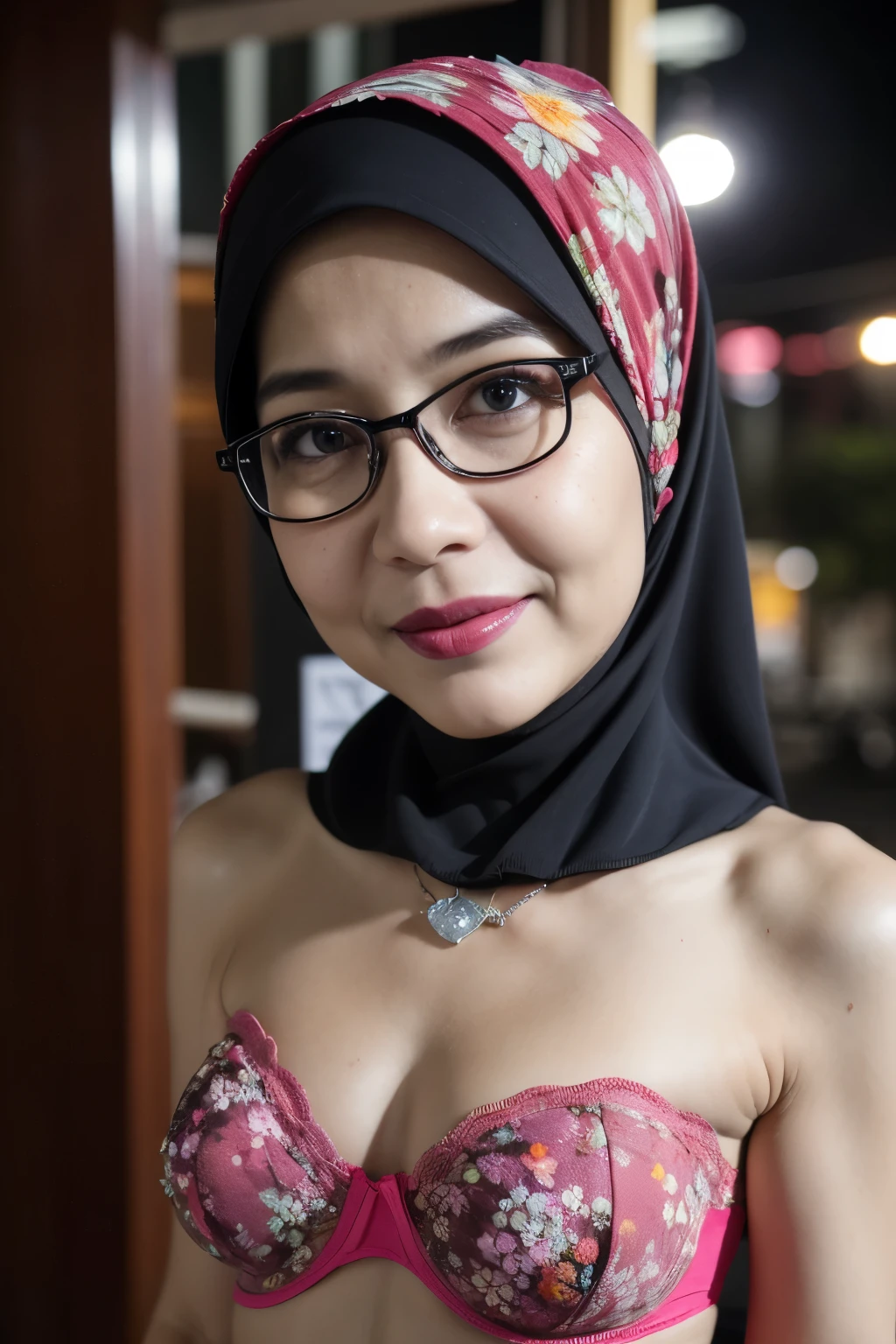 Spectacles, ((Old body lady:1.2)), ((Old lady:1.6)), ((FLAT CHEST:1.6)), (Happy smile), (((HIJAB MALAY GIRL))), masutepiece, High quality, UHD 32K, Realistic face, Realistic skin feeling , A Japanese Lady, 58 years old matured lady, , Very cute and baby-like face, (((FLAT CHEST))), (Night time at forest), ((look In front  at the camera and SADNESS)), (((CUTE GIRL))), ((RED FLUORESCENT LIPS)), ((Floral Pattern)) little ((wearing strapless bra)), strapless colorful bra, dark night background , black forest night, horror scary place, (from behind up) seductive pose