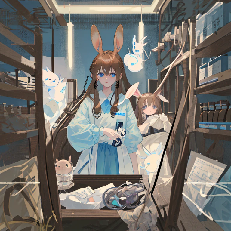 Brown Hair、Light blue eyes、Has long brown rabbit ears、Hair is tied back、Bangs up to the forehead、Black medical clothing