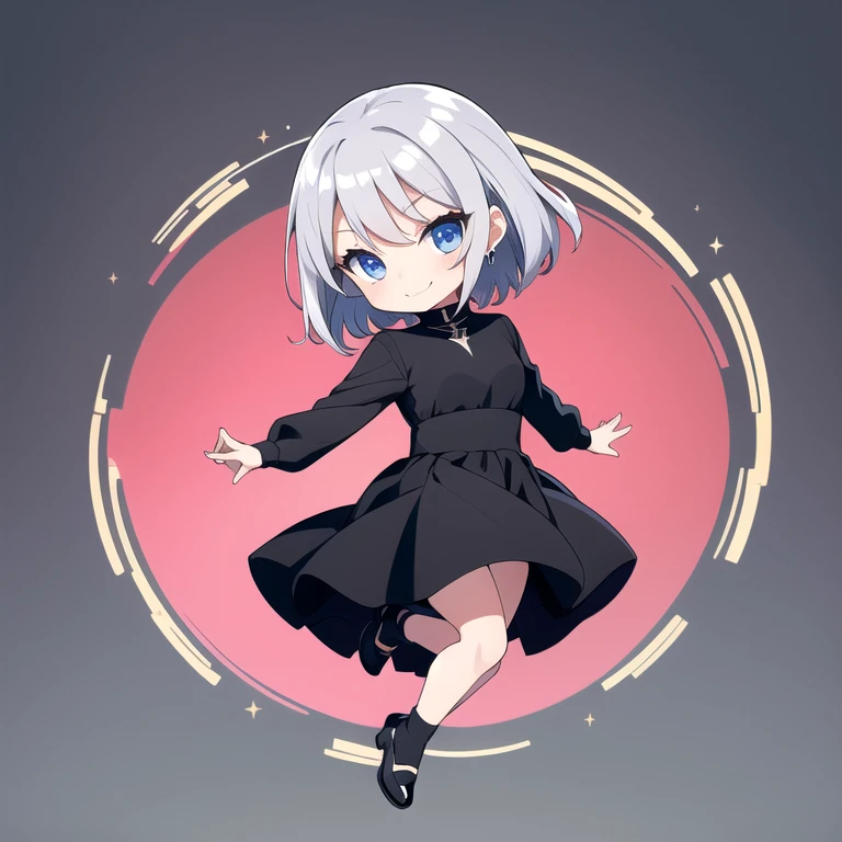 Jumping,(chibi:1.3), (no background:1.2), smile, black long dress, high-neck , black stockings, long skirt, long sleeves, black high-heeled shoes, silver hair, short hair, solo, blue eyes