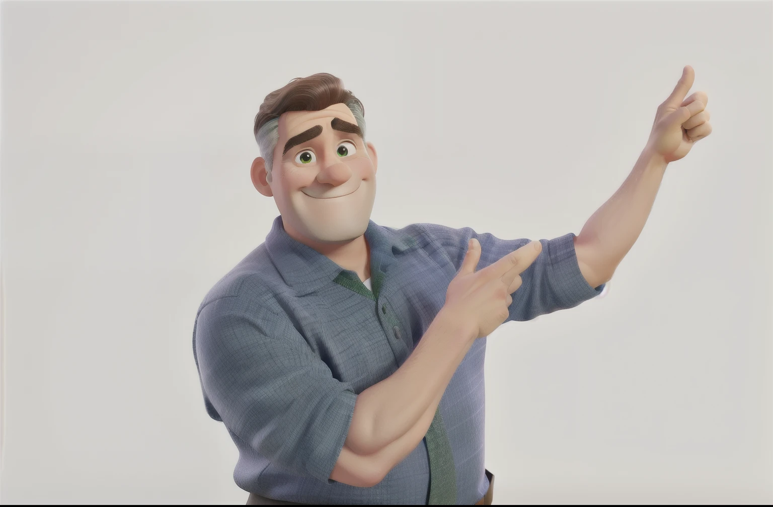 A 55-year-old man, weighing around 100kg, with white skin, brown eyes, little wavy brown hair, thick eyebrows matching the hair color, smiling and pointing fingers in a victory sign, dressed in a suit, tie, and dark shoes, with a blue and green gradient background.