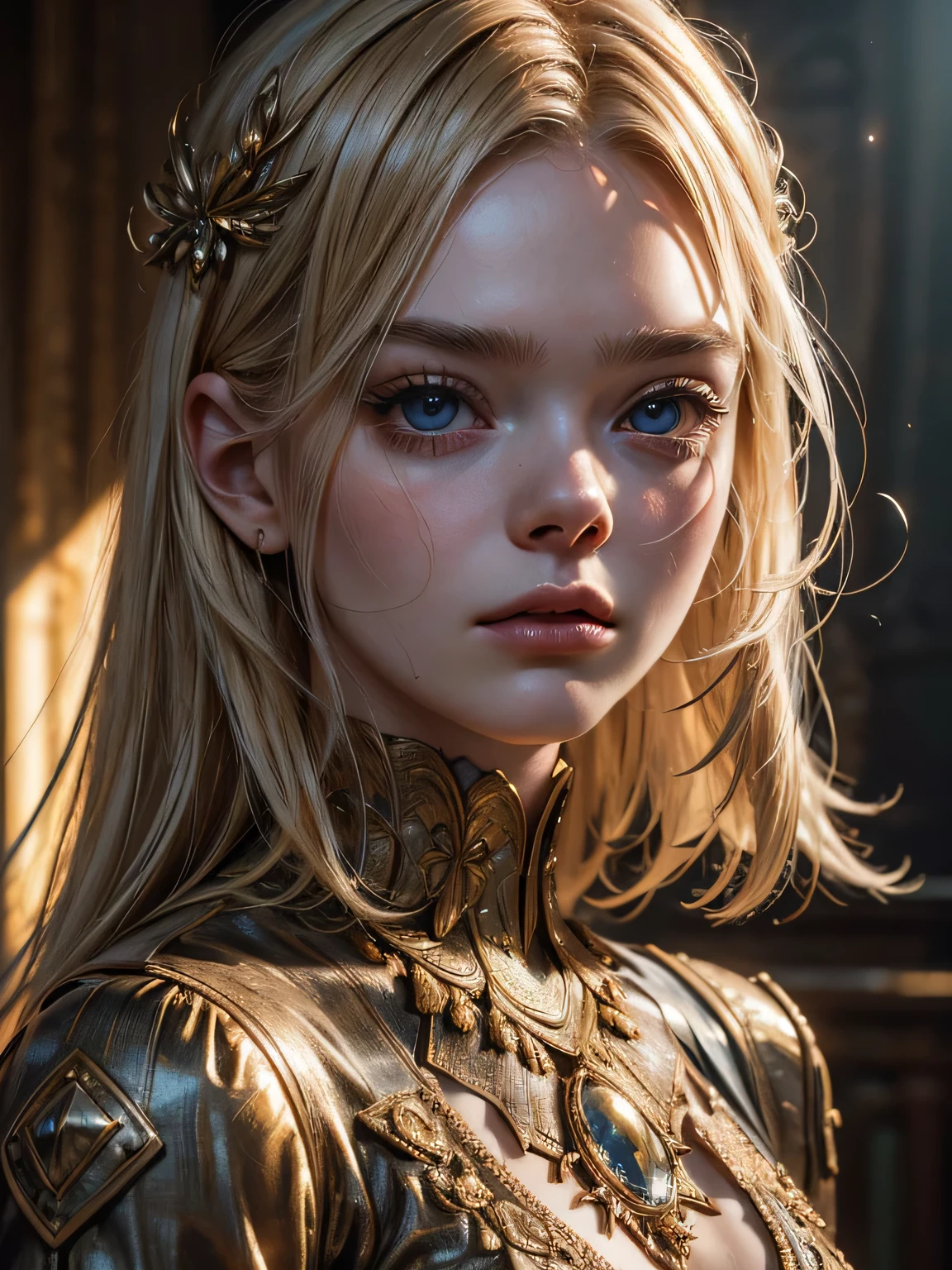 A photorealistic close-up portrait of Elle Fanning, looking directly at the viewer, wide jaw, strong chin, closeup, close-up, with light makeup, extremely detailed eyes, hair in a long and scruffy bob style, hair framing face, fierce expression, one eyebrow raised, A detailed symmetrical realistic face, naked, highly detailed natural texture, masterpiece, absurdes, extremely detailed, astonishing, fine detail, couleurs riches, hyper realistic texture, dramatic lighting