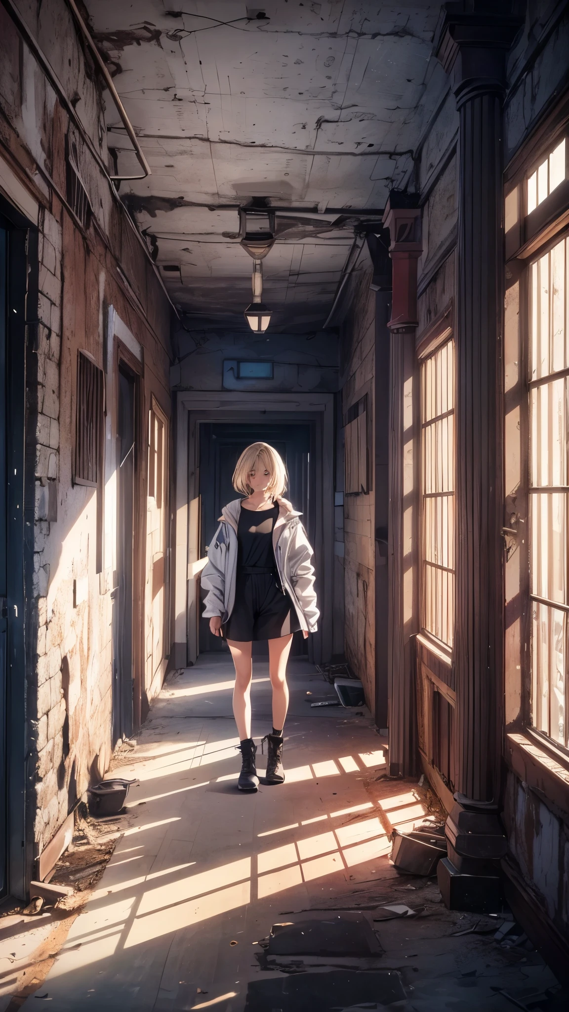 (best quality,4k,highres,ultra-detailed,realistic:1.2) Cloudy sky,Inside the abandoned house,Inside the dark huge room,one woman 20years old,short blonde hair,she’s wearing army’s style,the woman is standing on the dark room,(woman close up)