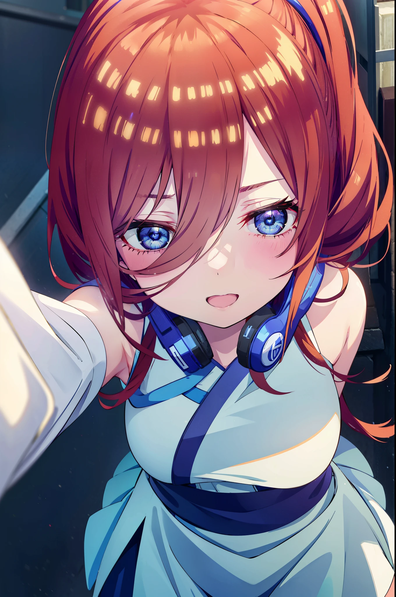 Miku Nakano, Miku Nakano, Long Hair, bangs, blue eyes, Brown Hair,ponytail,Blue Hairband ,Hair between the eyes, Headphones around neck,White sleeveless dress,Bare shoulders,Bare arms,Long skirt,Cute Sandals,Daytime,Clear skies,happy smile, smile, Open your mouth,So that the whole body goes into the illustration,Looking up from below,
break outdoors, In town,Building district,
break looking at viewer,  (Cowboy Shot:1. 5)
break (masterpiece:1.2), highest quality, High resolution, unity 8k wallpaper, (figure:0.8), (Beautiful fine details:1.6), Highly detailed face, Perfect lighting, Highly detailed CG, (Perfect hands, Perfect Anatomy),