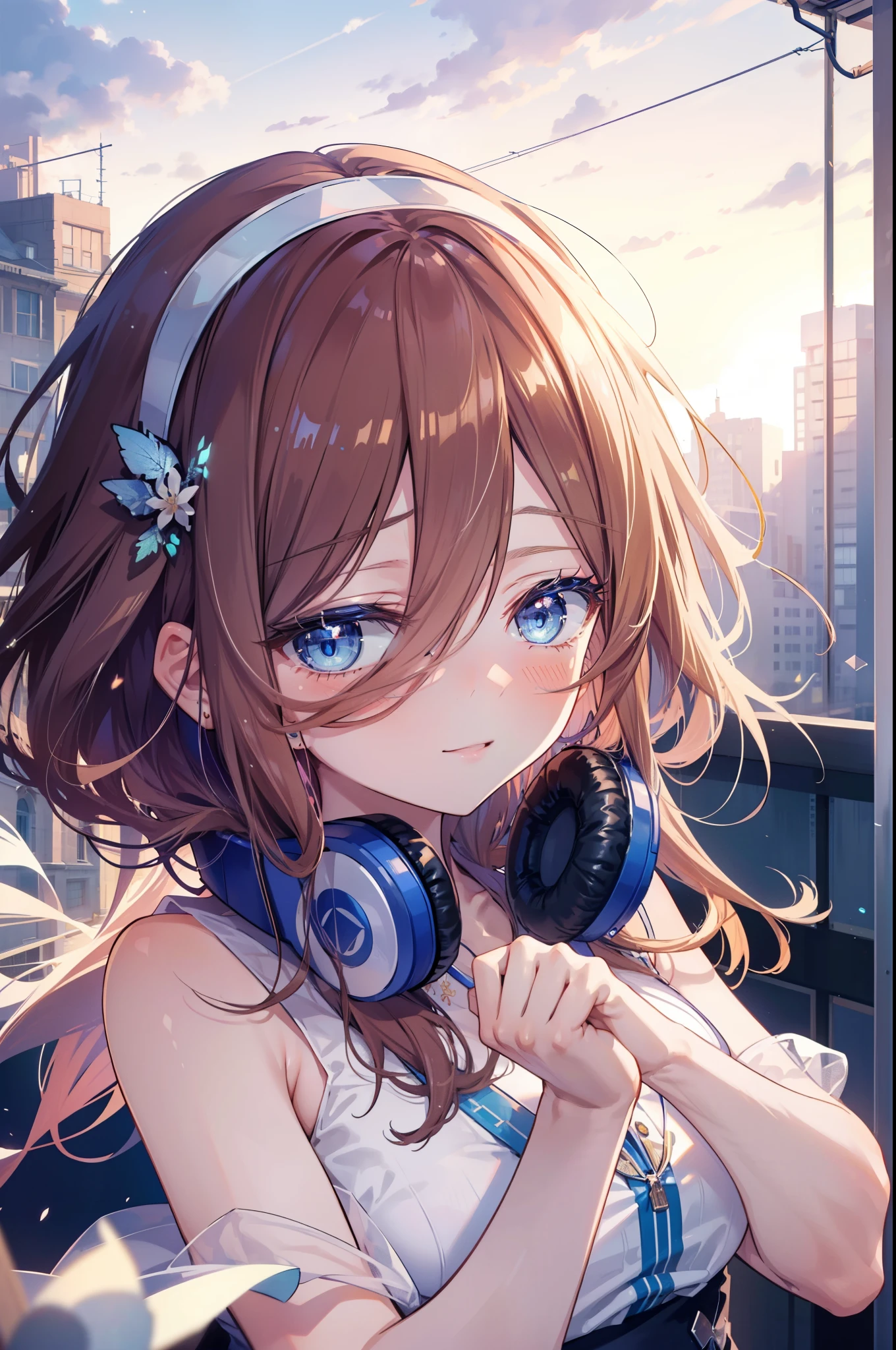 Miku Nakano, Miku Nakano, Long Hair, bangs, blue eyes, Brown Hair, Blue Hairband ,Hair between the eyes, Headphones around neck,smile,blush,White sleeveless dress,Bare shoulders,Bare arms,Long skirt,Cute Sandals,Daytime,Clear skies,happy smile, smile, Open your mouth,So that the whole body goes into the illustration,Looking up from below,
break outdoors, In town,Building district,
break looking at viewer,  (Cowboy Shot:1. 5)
break (masterpiece:1.2), highest quality, High resolution, unity 8k wallpaper, (figure:0.8), (Beautiful fine details:1.6), Highly detailed face, Perfect lighting, Highly detailed CG, (Perfect hands, Perfect Anatomy),