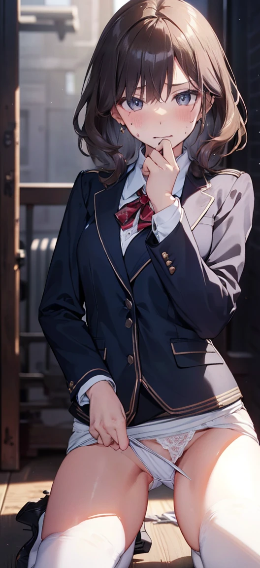 blue eyes,highest quality,High resolution,unity 8k wallpaper,(shape:0.8),(Beautiful and detailed:1.6),Detailed face,Perfect lighting,Detailed CG,(Perfect hands, Perfect Anatomy),Female students,blazer,(White panties:1.5),Brown Hair,Medium Hair,(Lift your skirt yourself:1.2),Kneeling,nsfw